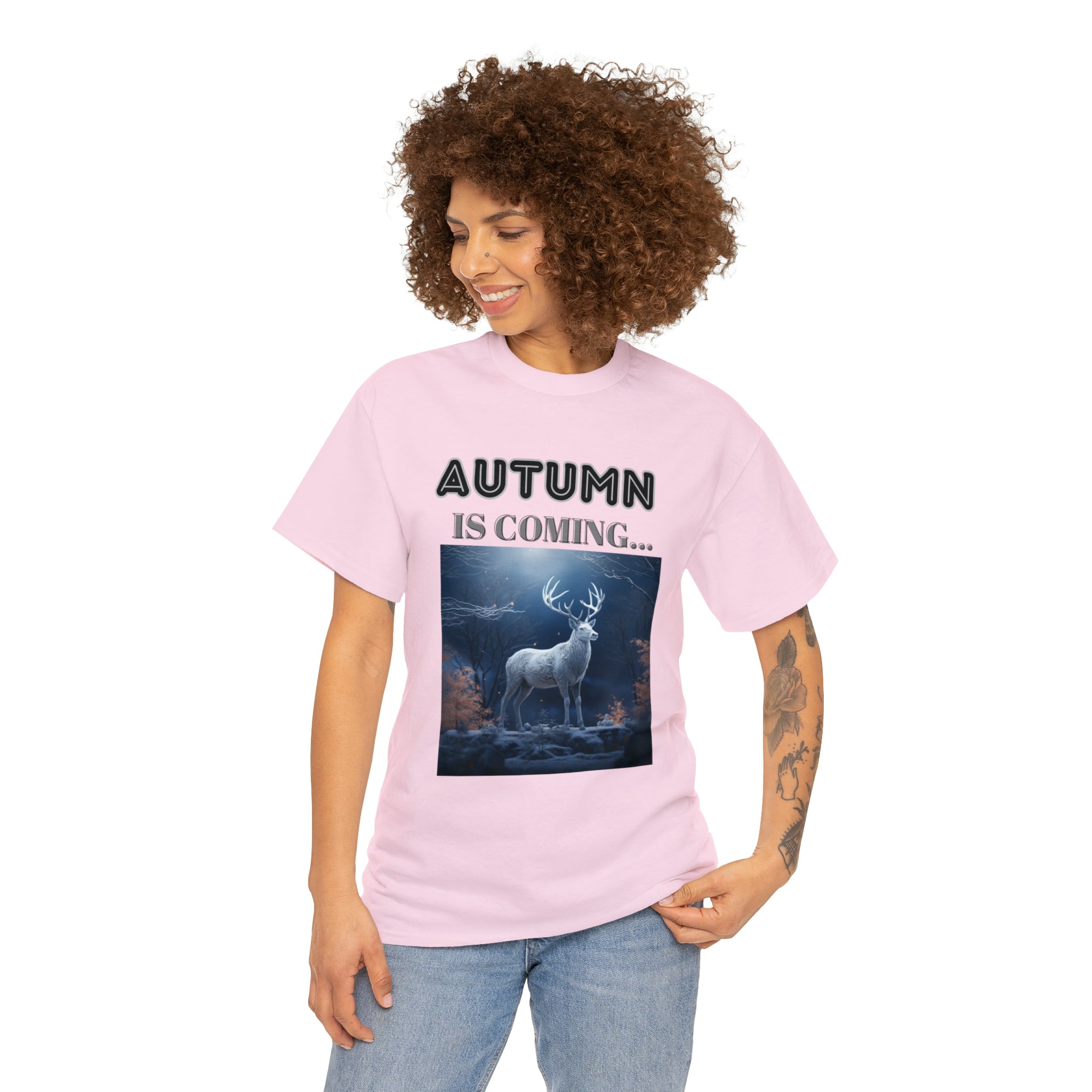 A stylish Fall Vibes T-shirt featuring a serene deer drinking from a brook surrounded by colorful autumn leaves.