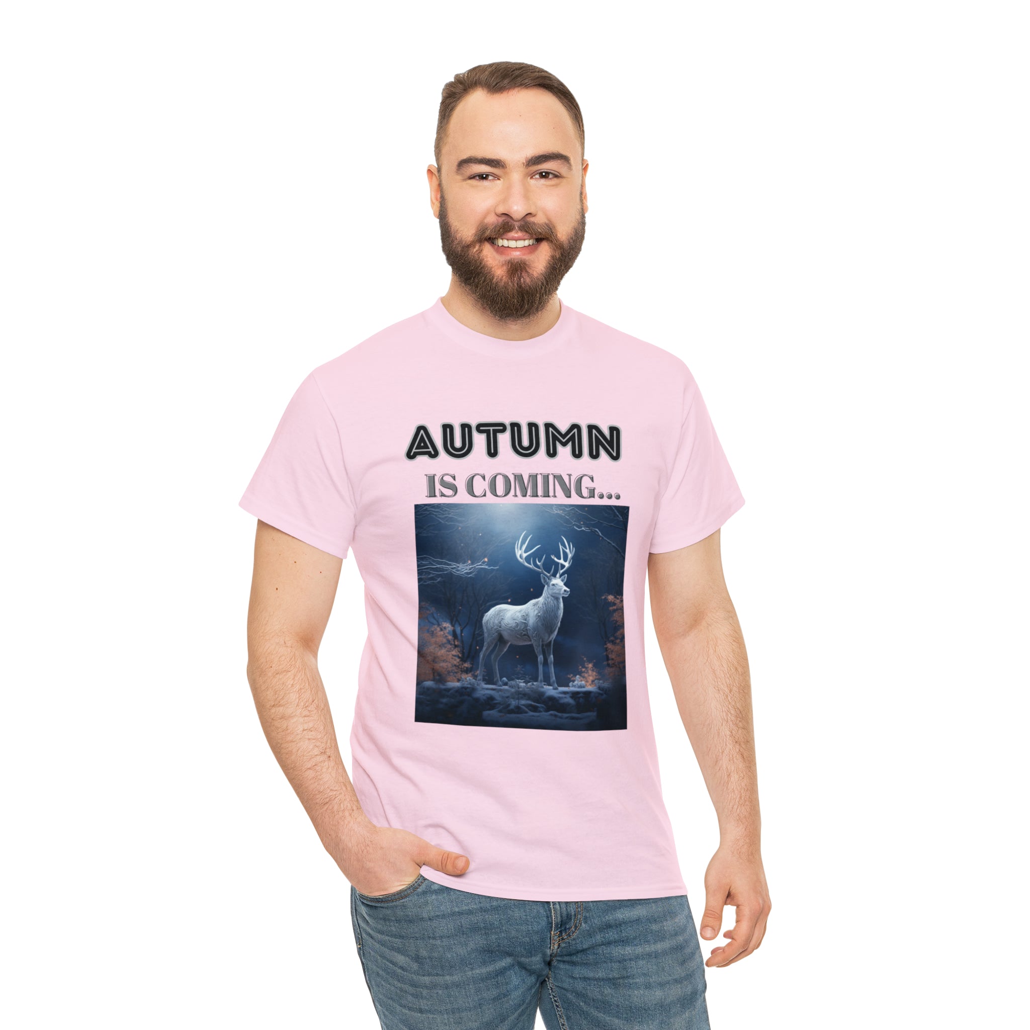 A stylish Fall Vibes T-shirt featuring a serene deer drinking from a brook surrounded by colorful autumn leaves.