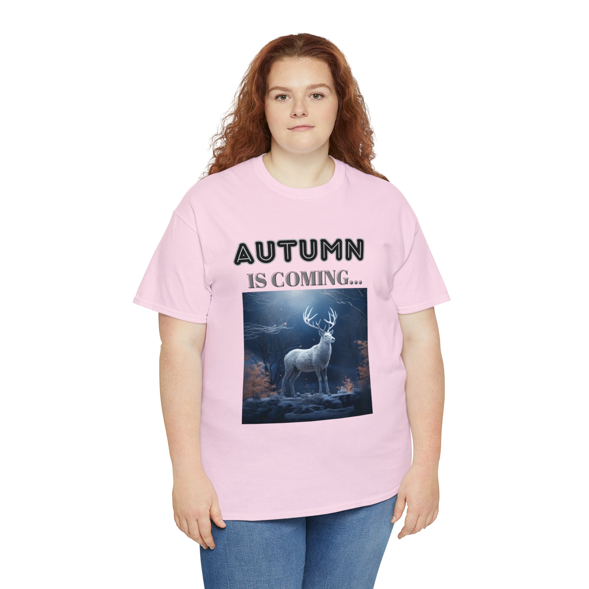A stylish Fall Vibes T-shirt featuring a serene deer drinking from a brook surrounded by colorful autumn leaves.