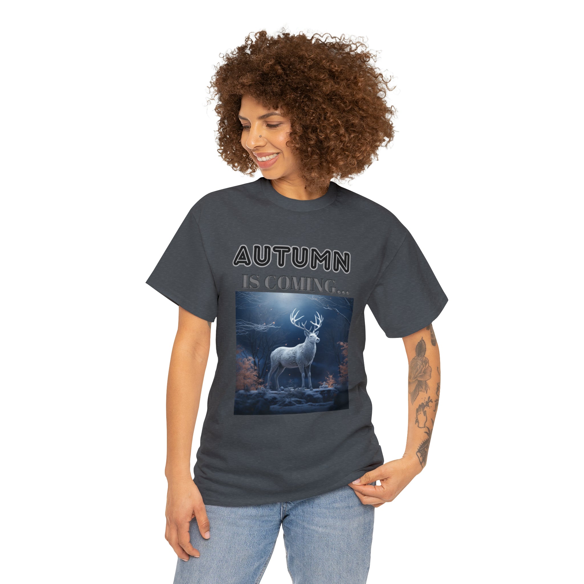 A stylish Fall Vibes T-shirt featuring a serene deer drinking from a brook surrounded by colorful autumn leaves.