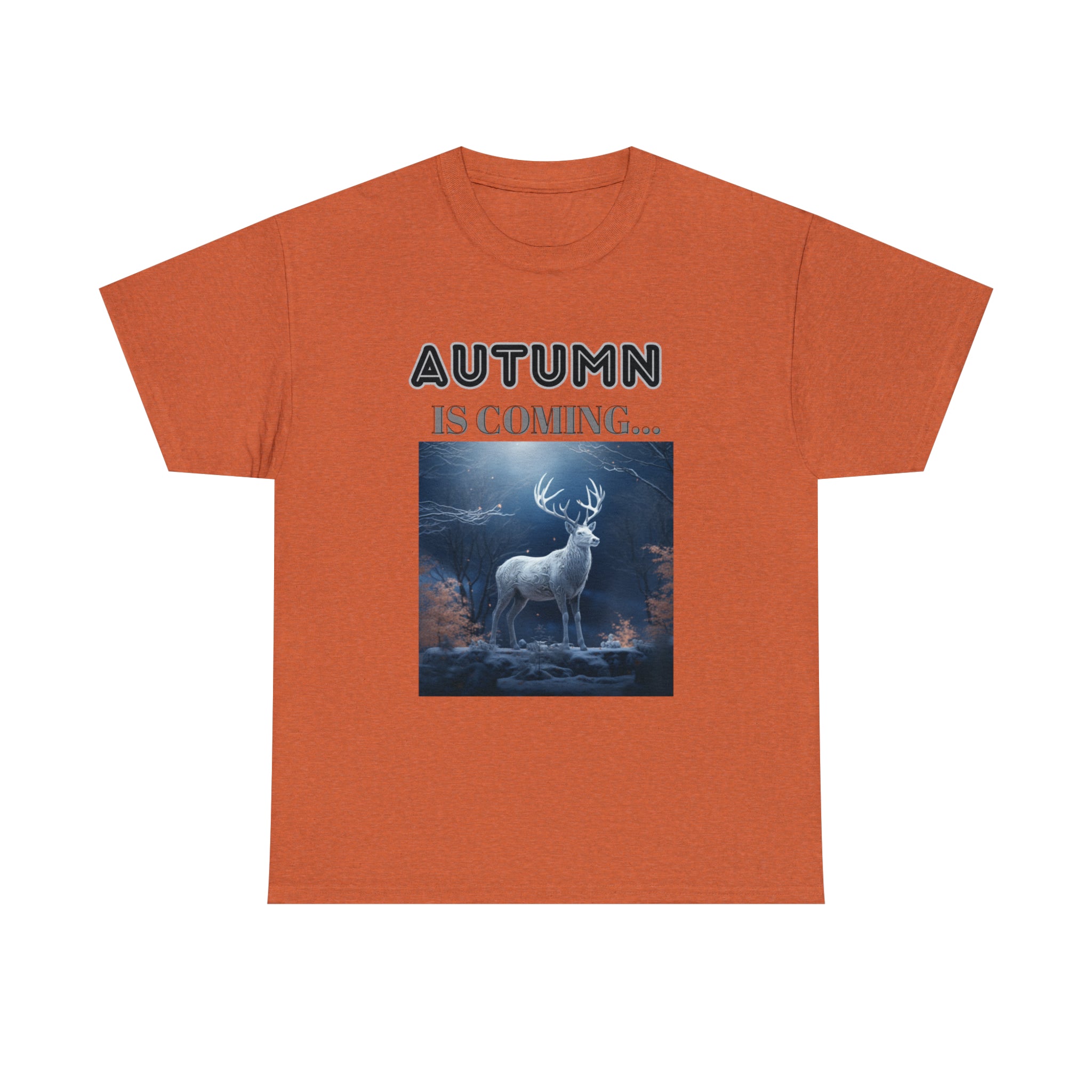 A stylish Fall Vibes T-shirt featuring a serene deer drinking from a brook surrounded by colorful autumn leaves.