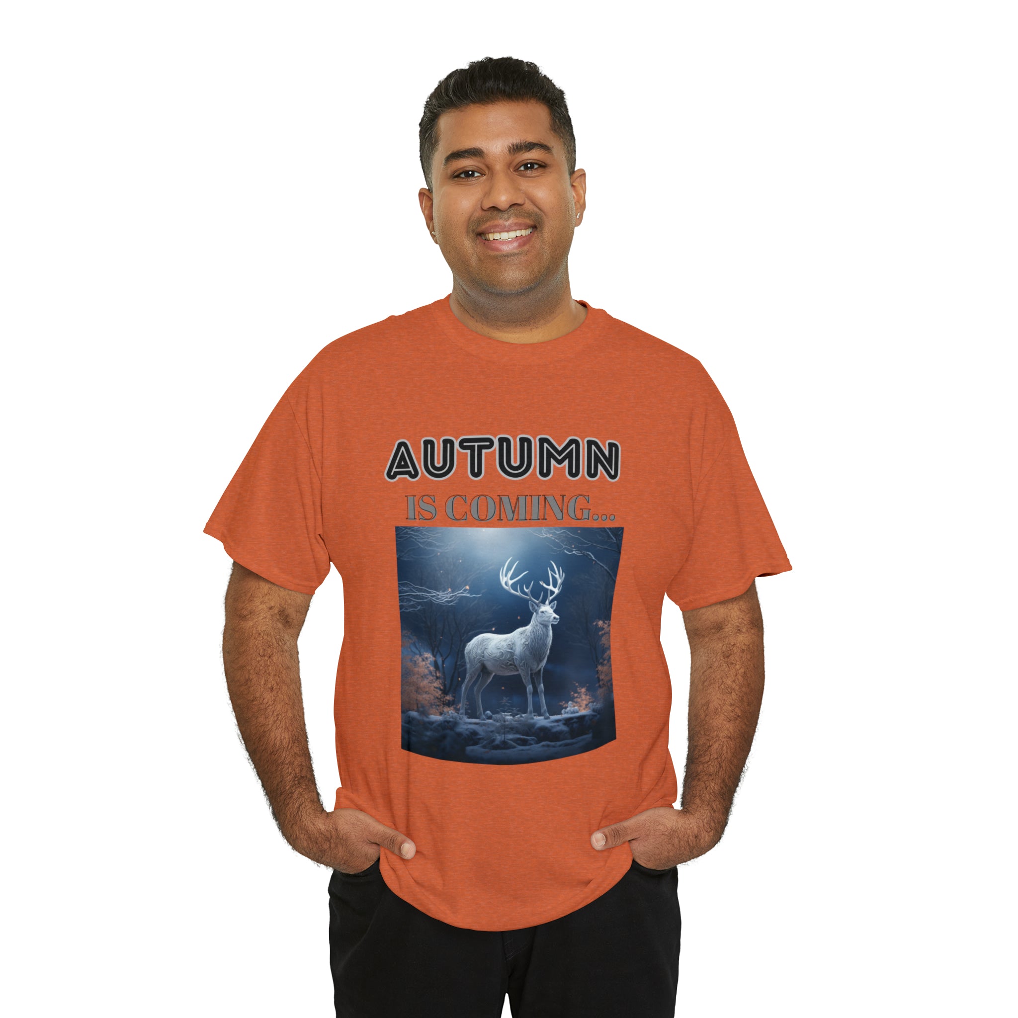 A stylish Fall Vibes T-shirt featuring a serene deer drinking from a brook surrounded by colorful autumn leaves.