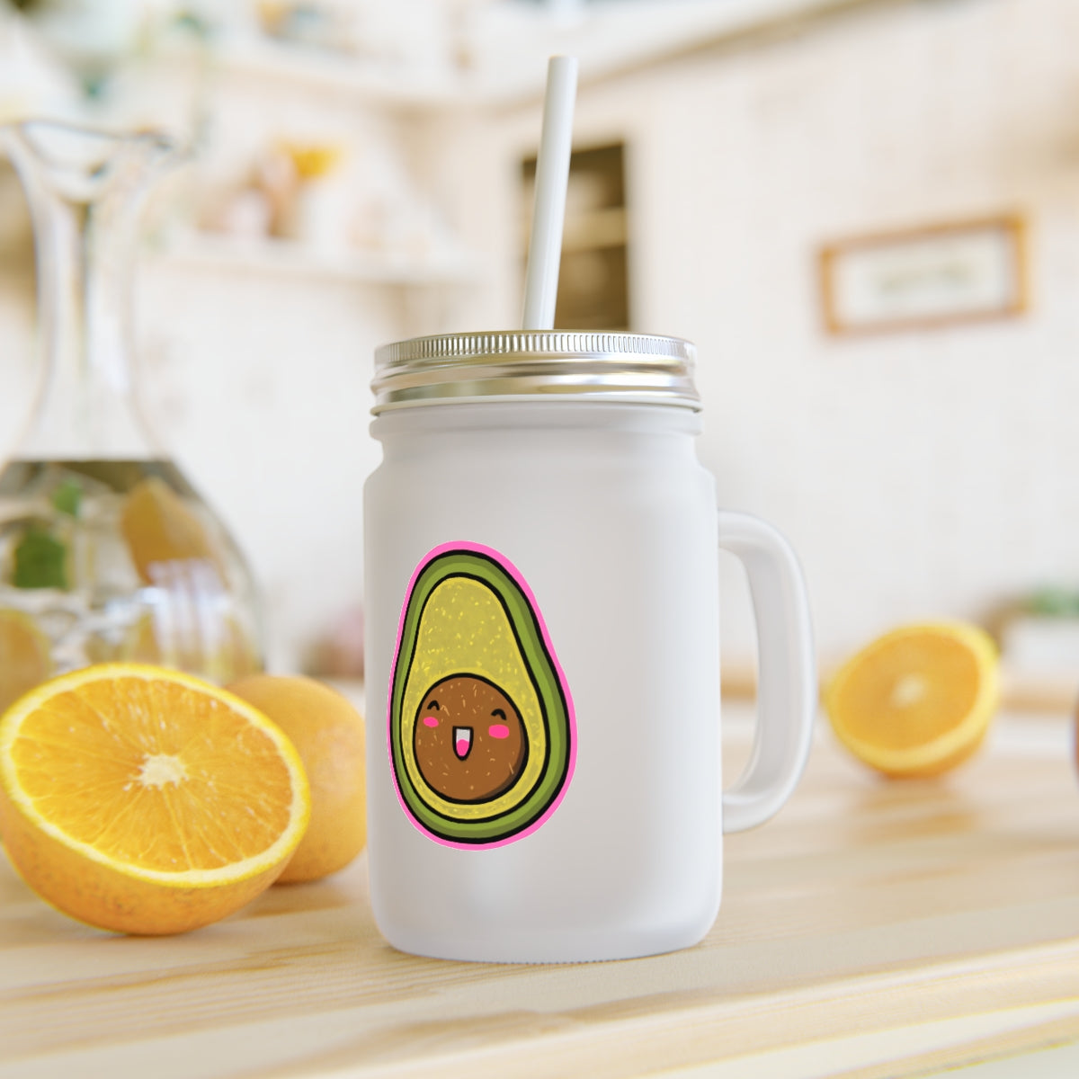 A personalized 12oz Avocado Mason Jar made of frosted glass, featuring a straw and lid, ideal for drinks like lemonade and cocktails.