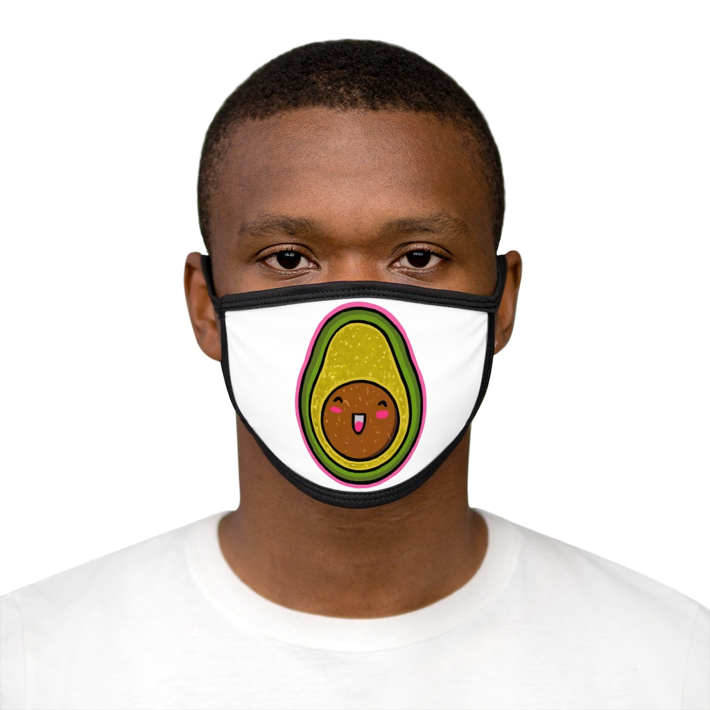 Avocado Mixed-Fabric Face Mask featuring a unique avocado design with a black outer edge and earloops.