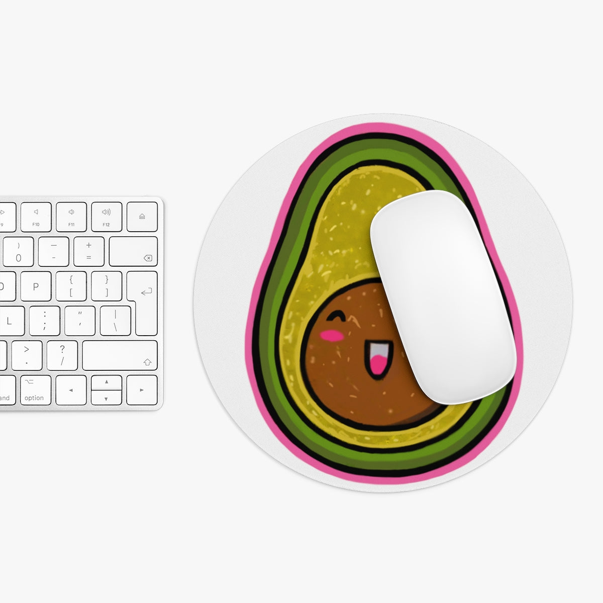 A vibrant avocado-themed mouse pad in round and rectangular shapes, featuring a non-slip rubber bottom and neoprene material.