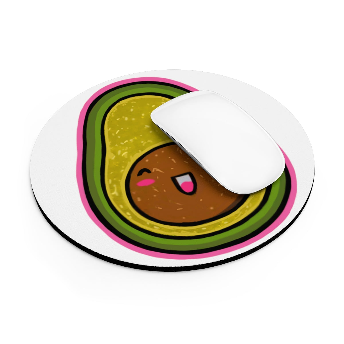 A vibrant avocado-themed mouse pad in round and rectangular shapes, featuring a non-slip rubber bottom and neoprene material.