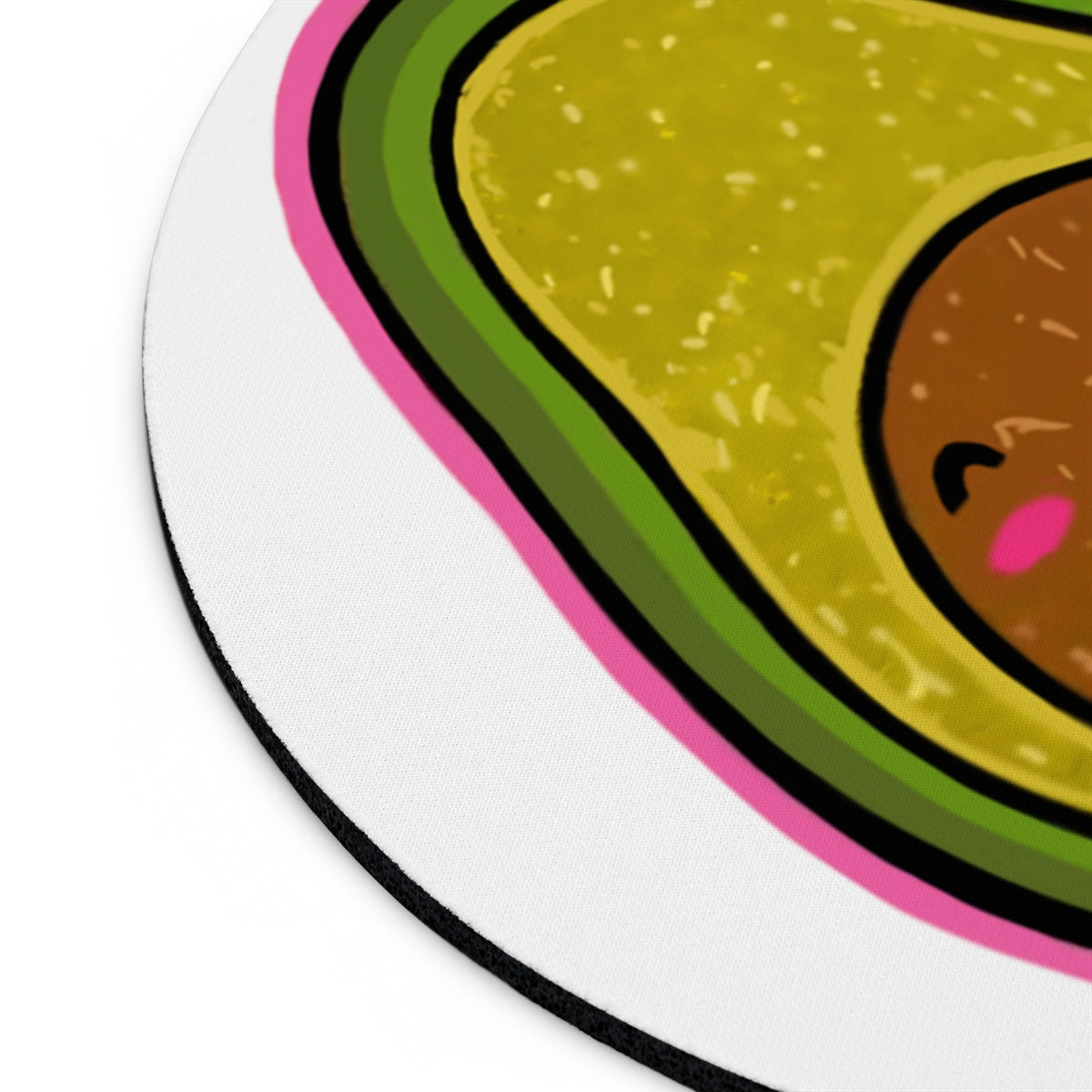 A vibrant avocado-themed mouse pad in round and rectangular shapes, featuring a non-slip rubber bottom and neoprene material.