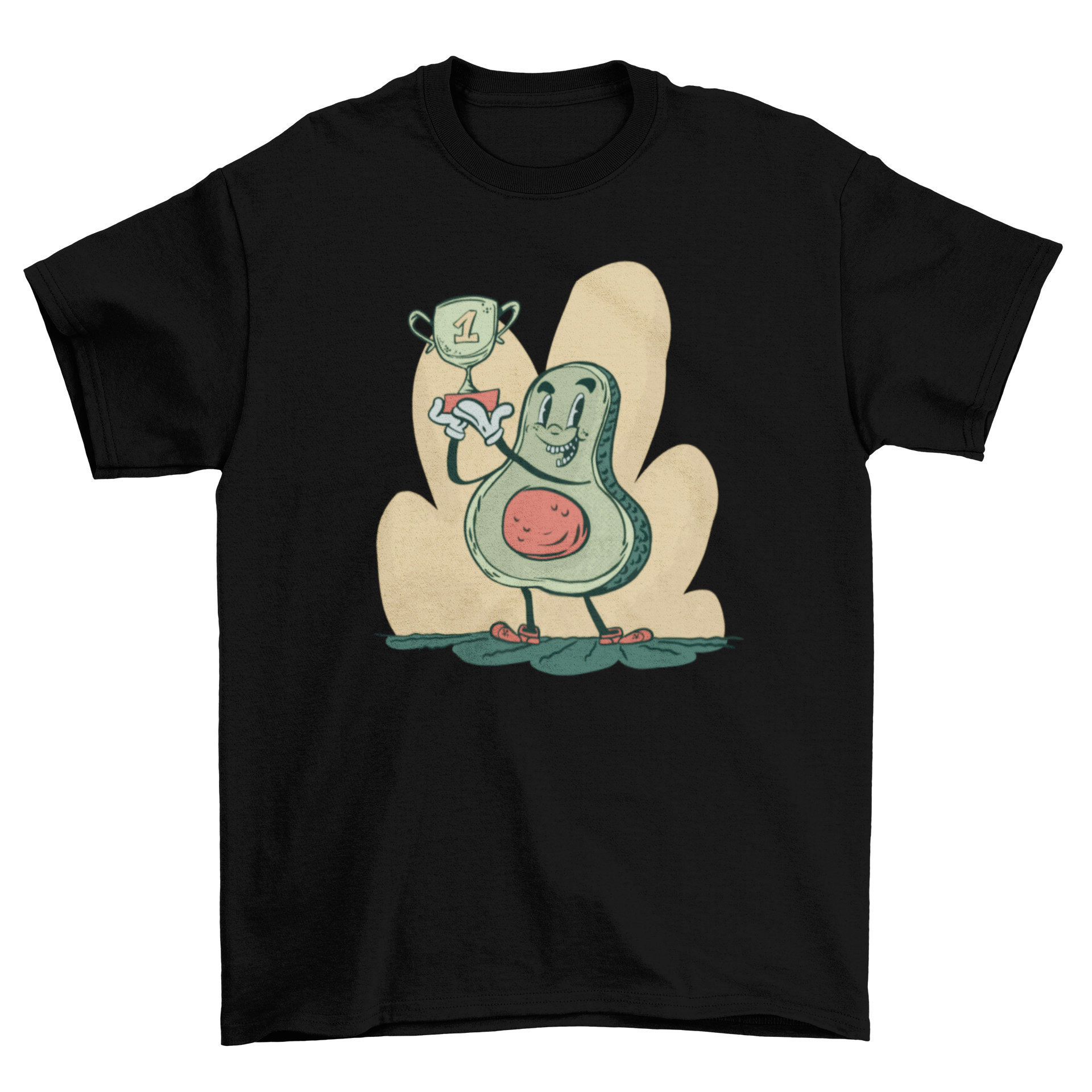 A stylish t-shirt featuring a cartoon avocado holding a first prize trophy, showcasing a fun and playful design.