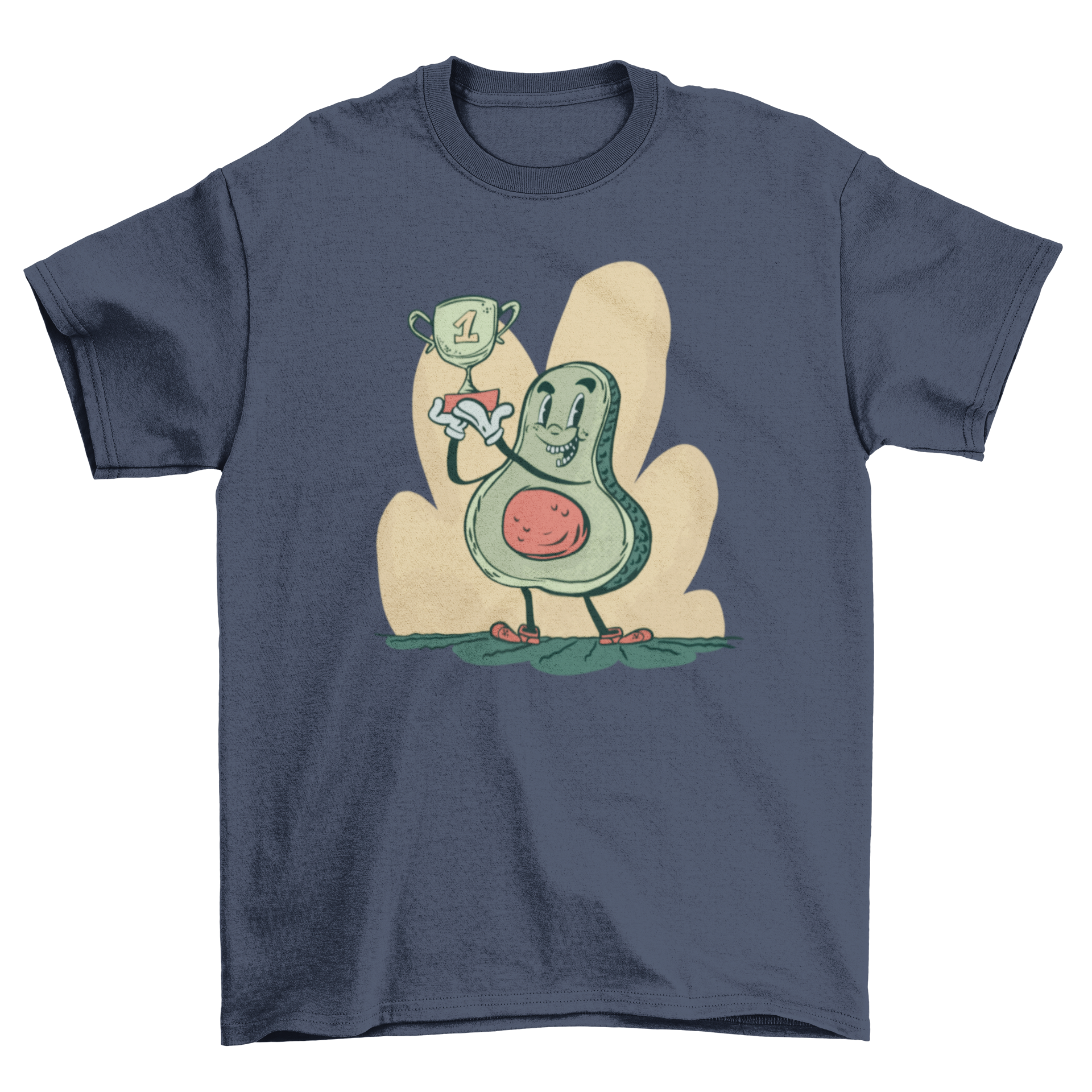 A stylish t-shirt featuring a cartoon avocado holding a first prize trophy, showcasing a fun and playful design.