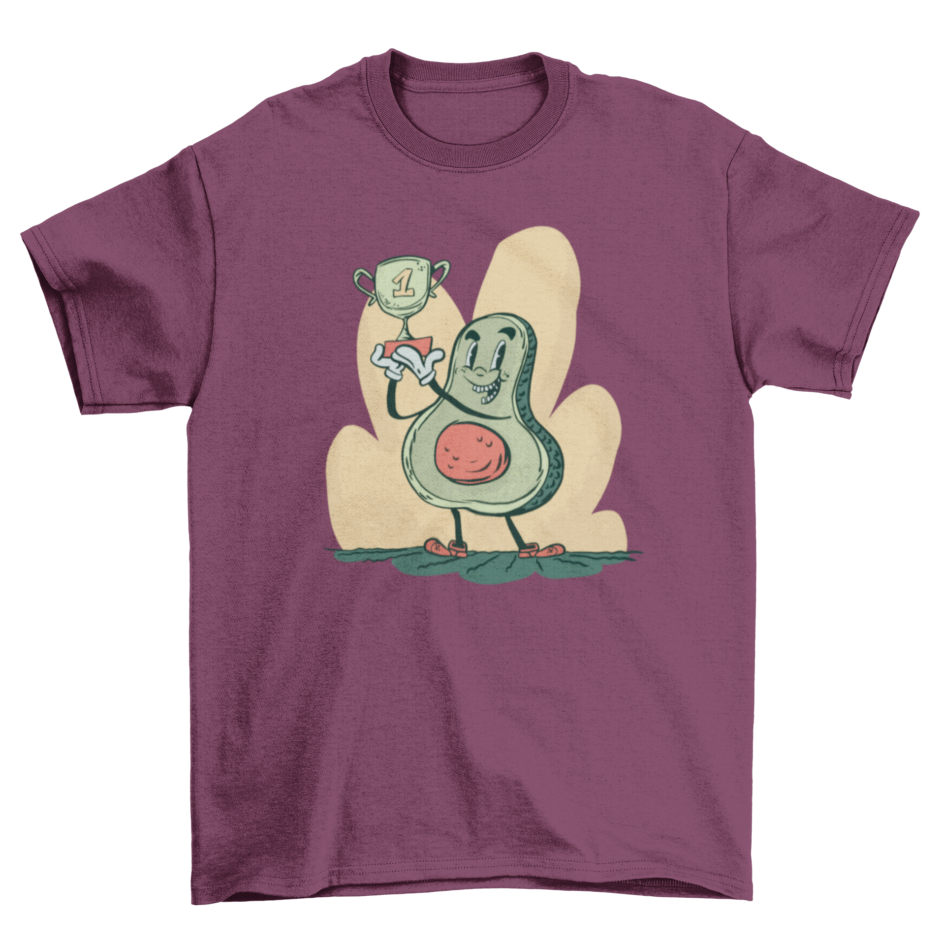 A stylish t-shirt featuring a cartoon avocado holding a first prize trophy, showcasing a fun and playful design.
