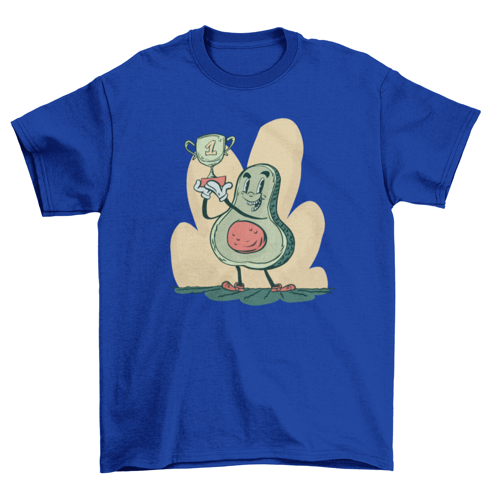 A stylish t-shirt featuring a cartoon avocado holding a first prize trophy, showcasing a fun and playful design.