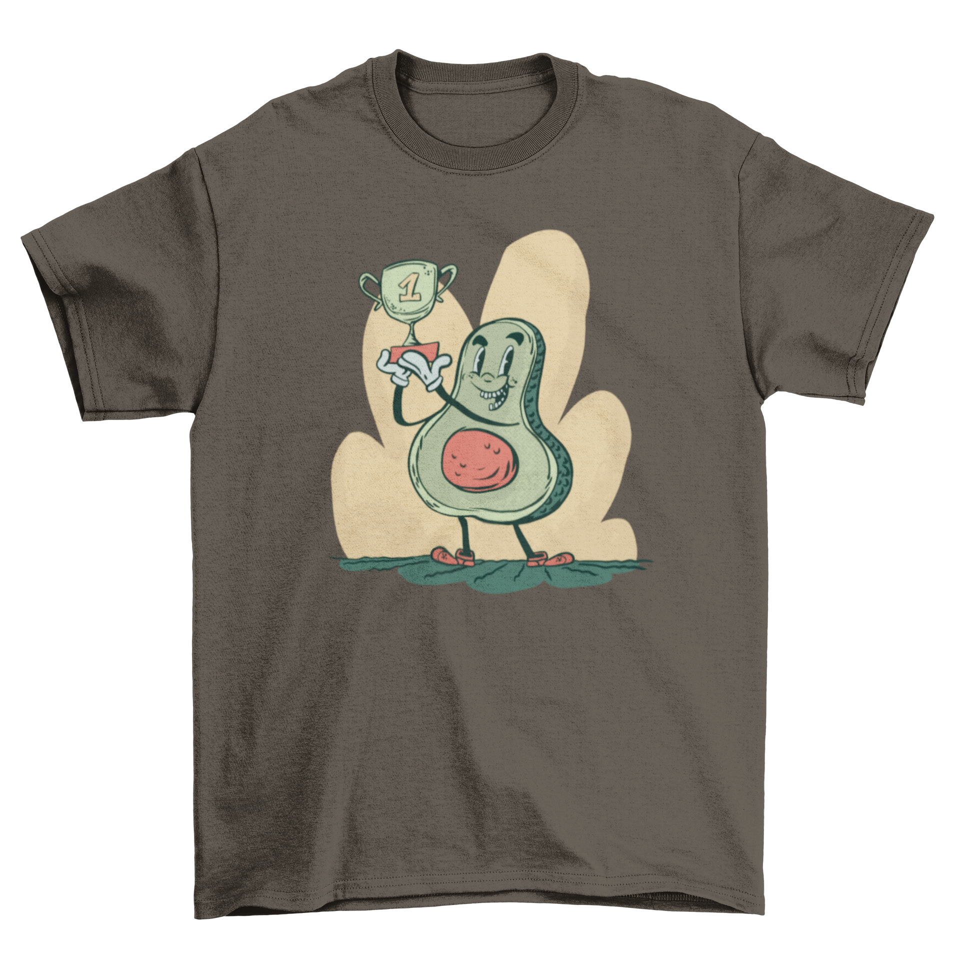 A stylish t-shirt featuring a cartoon avocado holding a first prize trophy, showcasing a fun and playful design.
