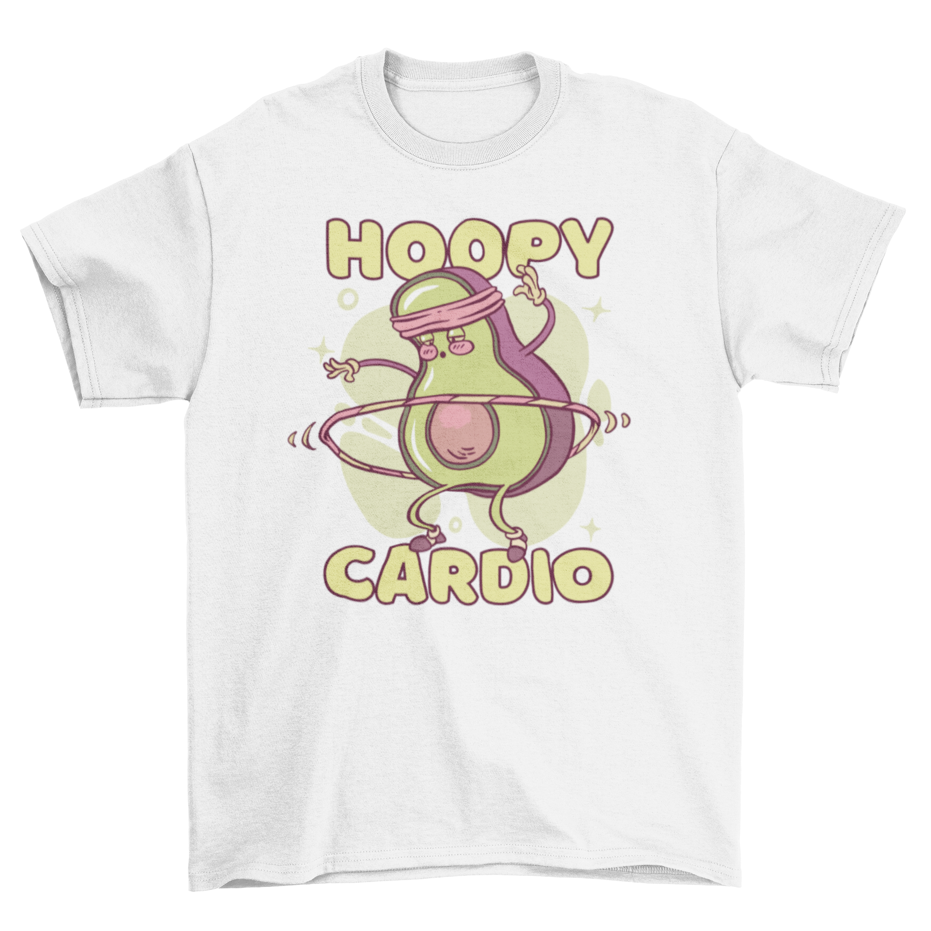 Avocado character t-shirt featuring a hula hooping avocado with the quote 'Hoopy cardio'.