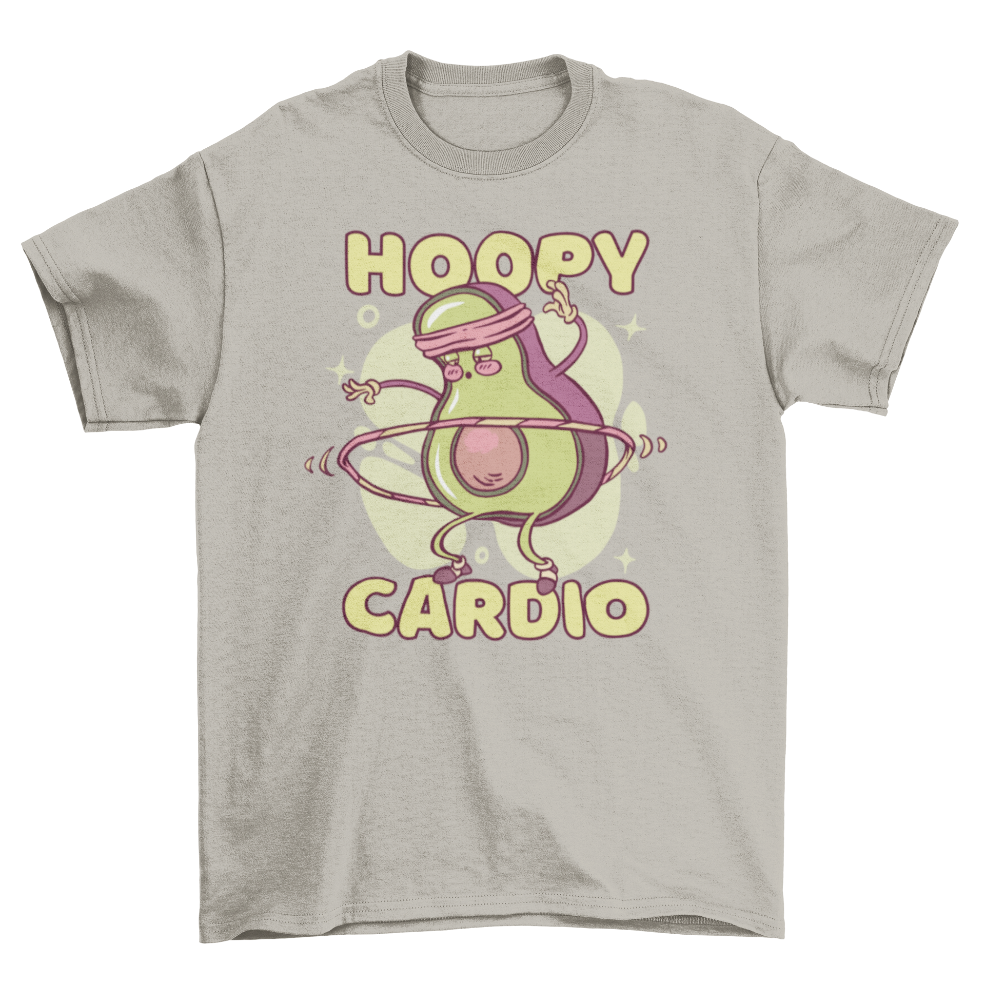 Avocado character t-shirt featuring a hula hooping avocado with the quote 'Hoopy cardio'.