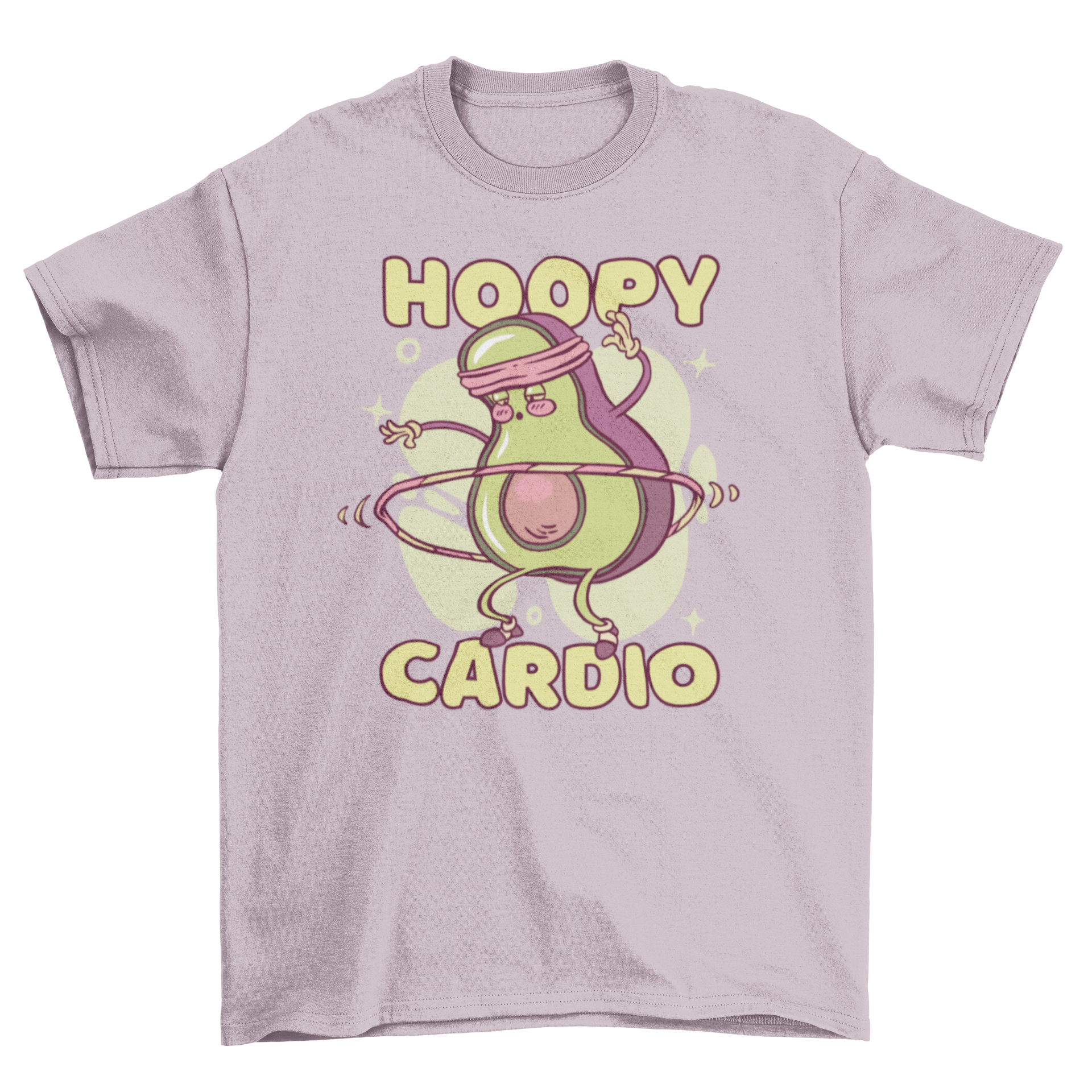 Avocado character t-shirt featuring a hula hooping avocado with the quote 'Hoopy cardio'.