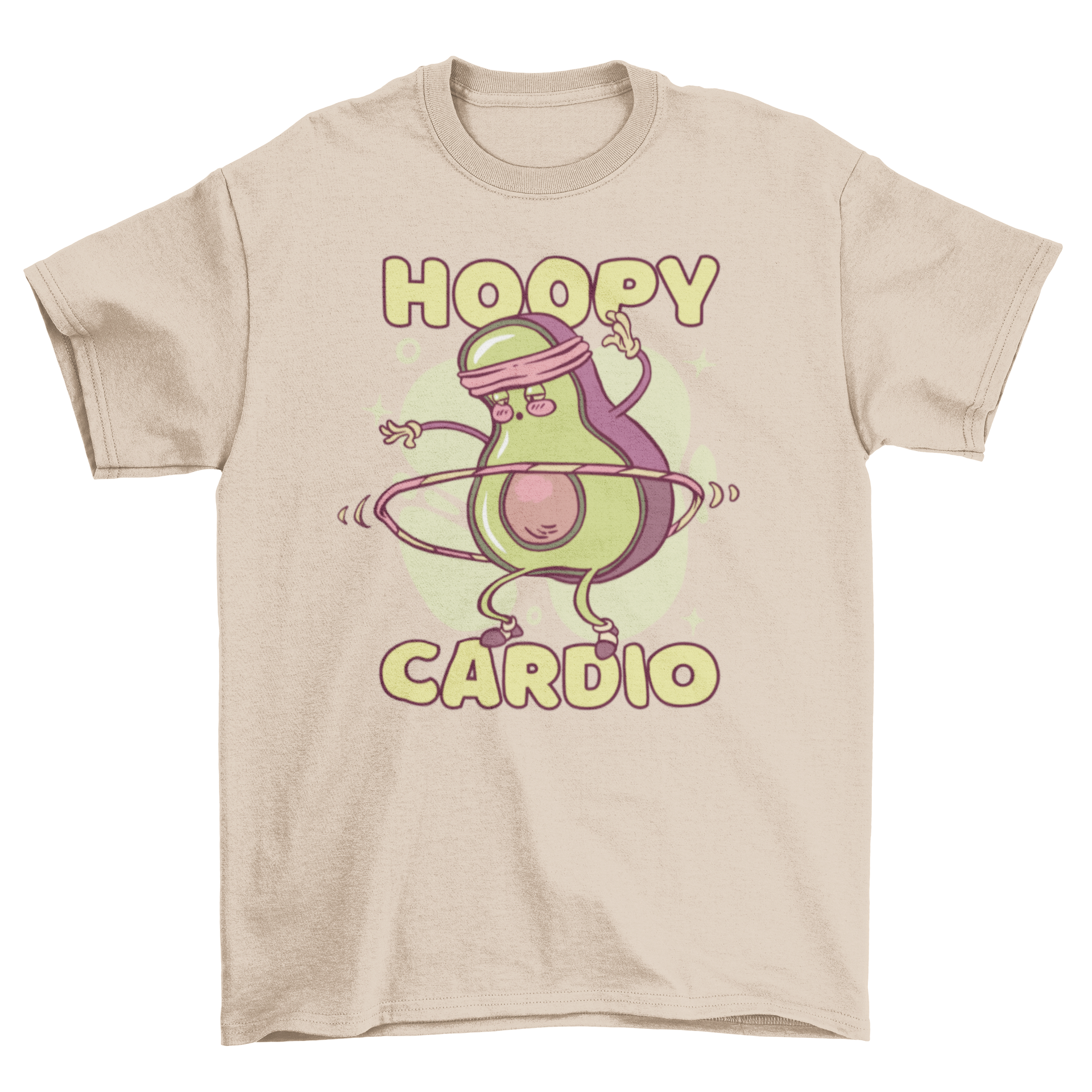 Avocado character t-shirt featuring a hula hooping avocado with the quote 'Hoopy cardio'.