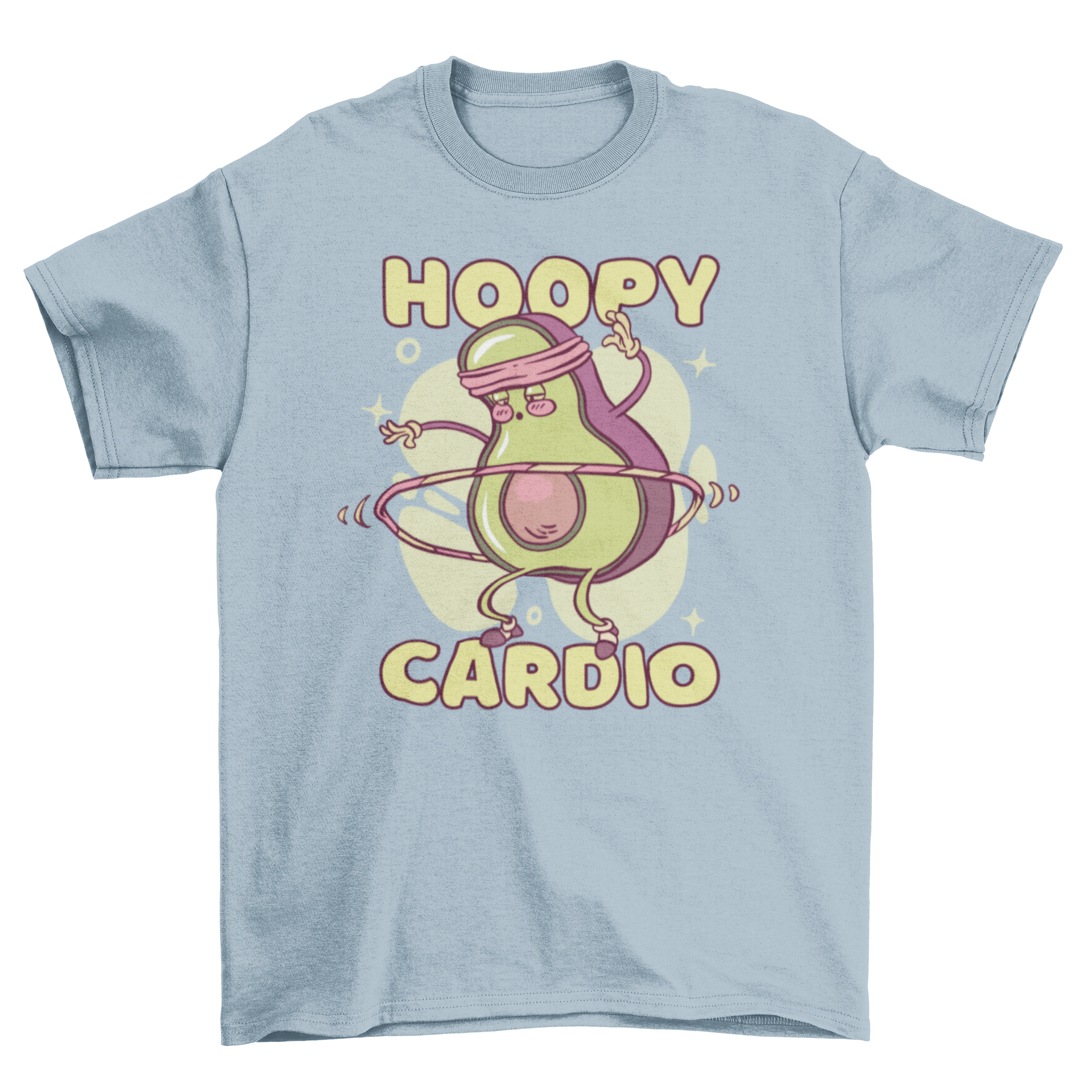 Avocado character t-shirt featuring a hula hooping avocado with the quote 'Hoopy cardio'.