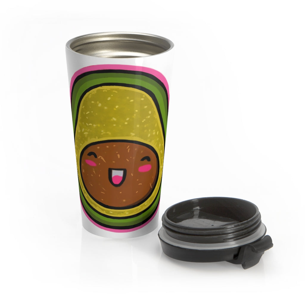 Avocado Stainless Steel Travel Mug with black lid, featuring a vibrant avocado design.