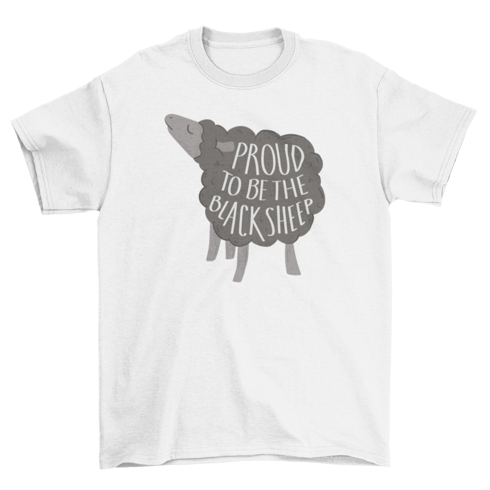 Awesome black sheep quote t-shirt featuring a black sheep graphic and the quote 'Proud to be the black sheep' in stylish font.