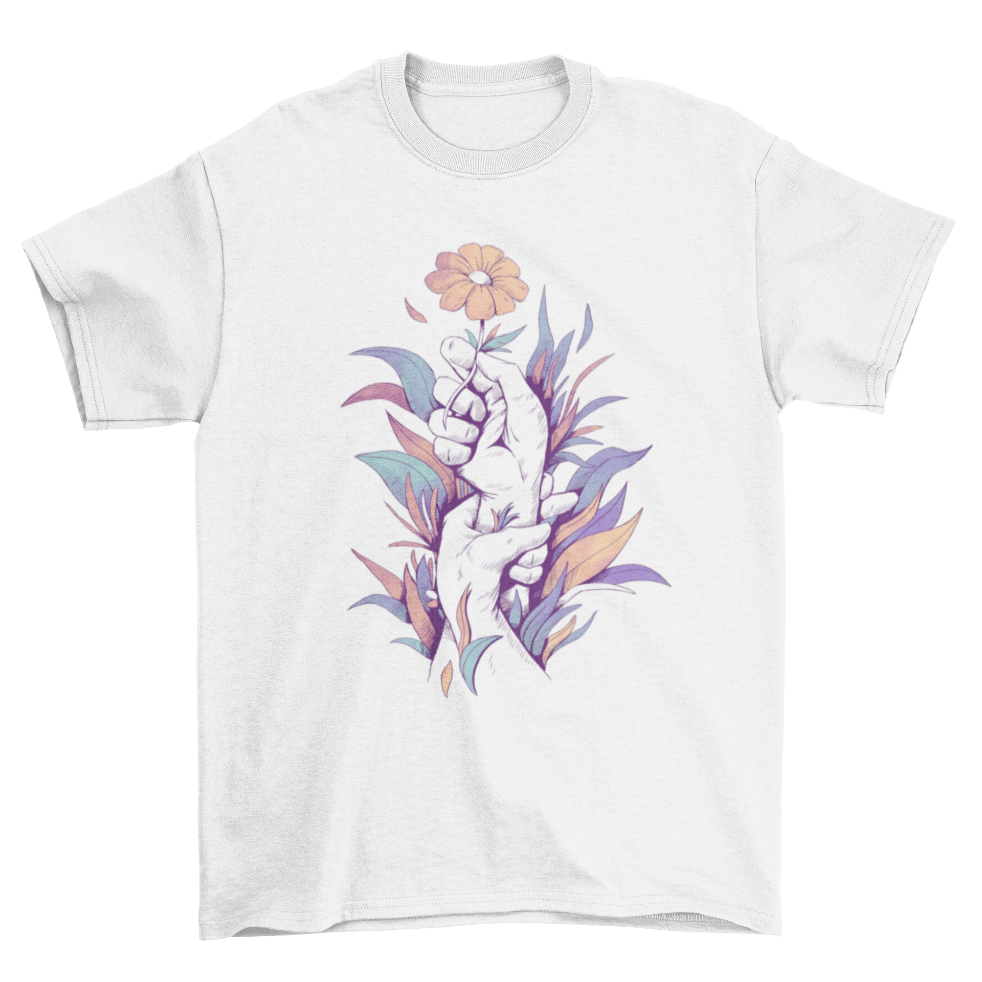 A vibrant t-shirt design featuring hands holding a colorful flower illustration, showcasing nature-inspired art.