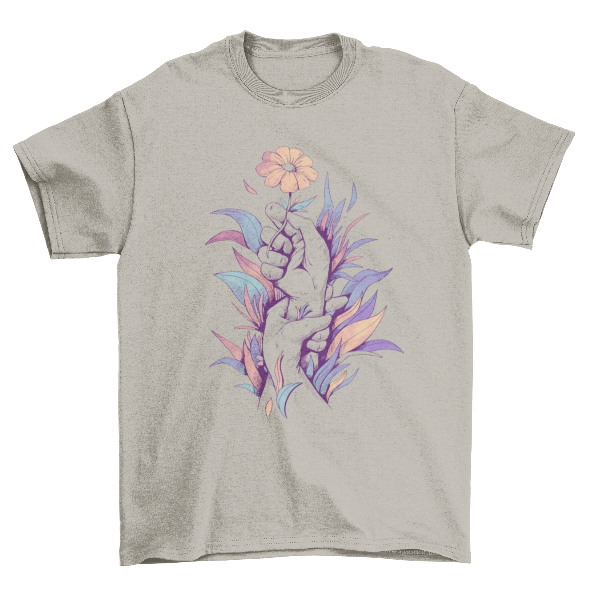 A vibrant t-shirt design featuring hands holding a colorful flower illustration, showcasing nature-inspired art.