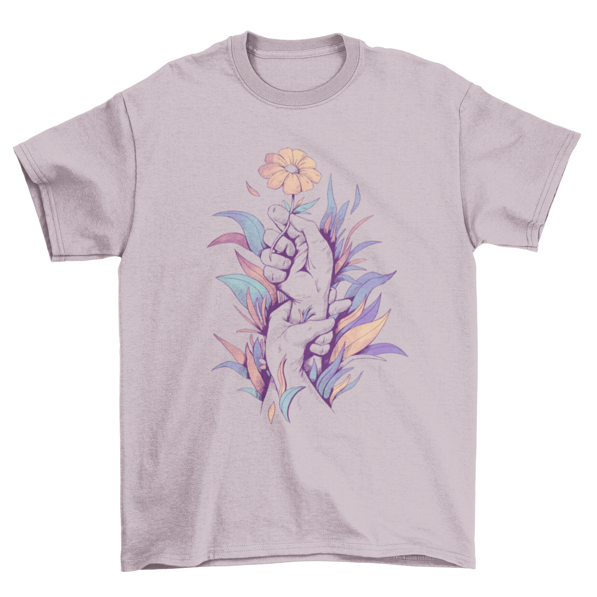 A vibrant t-shirt design featuring hands holding a colorful flower illustration, showcasing nature-inspired art.