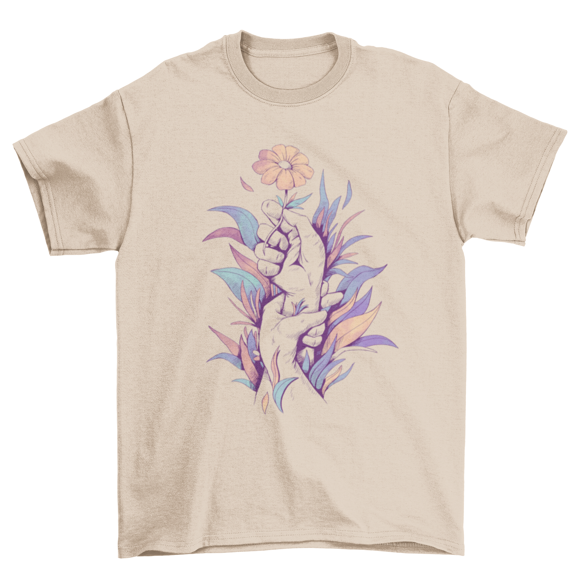 A vibrant t-shirt design featuring hands holding a colorful flower illustration, showcasing nature-inspired art.