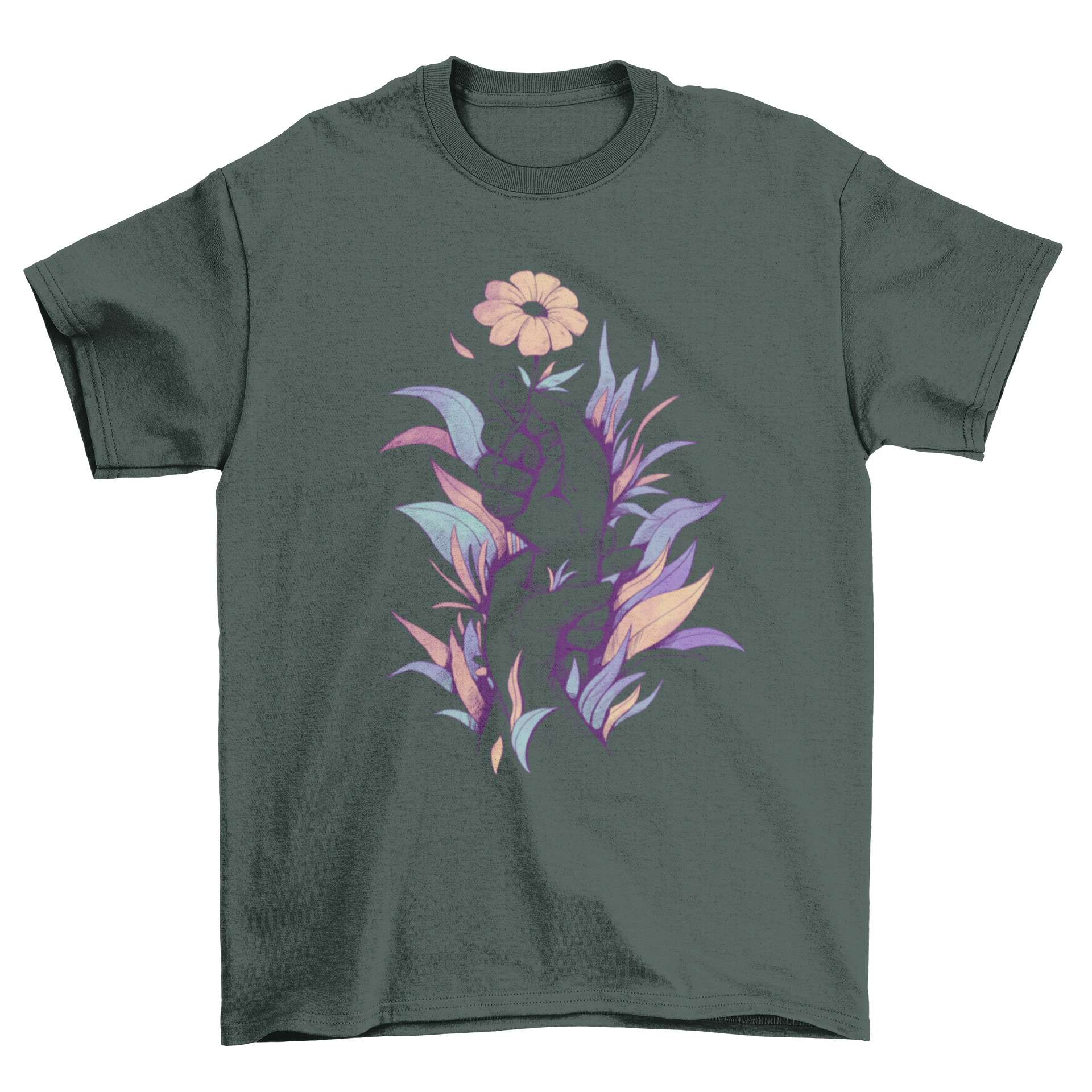 A vibrant t-shirt design featuring hands holding a colorful flower illustration, showcasing nature-inspired art.