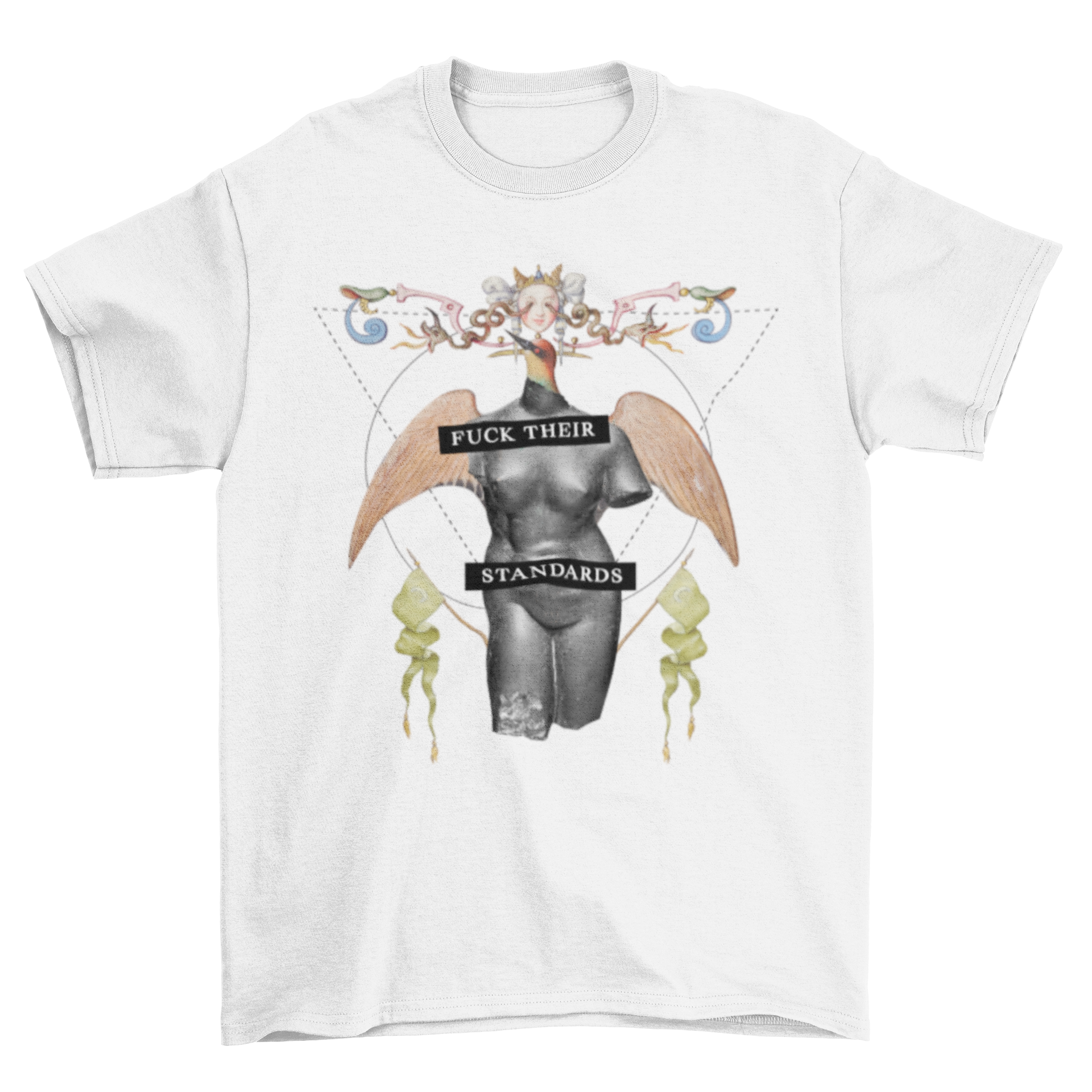 A colorful bird head statue with wings, featuring the quote 'Fuck their standards' in a bold design.