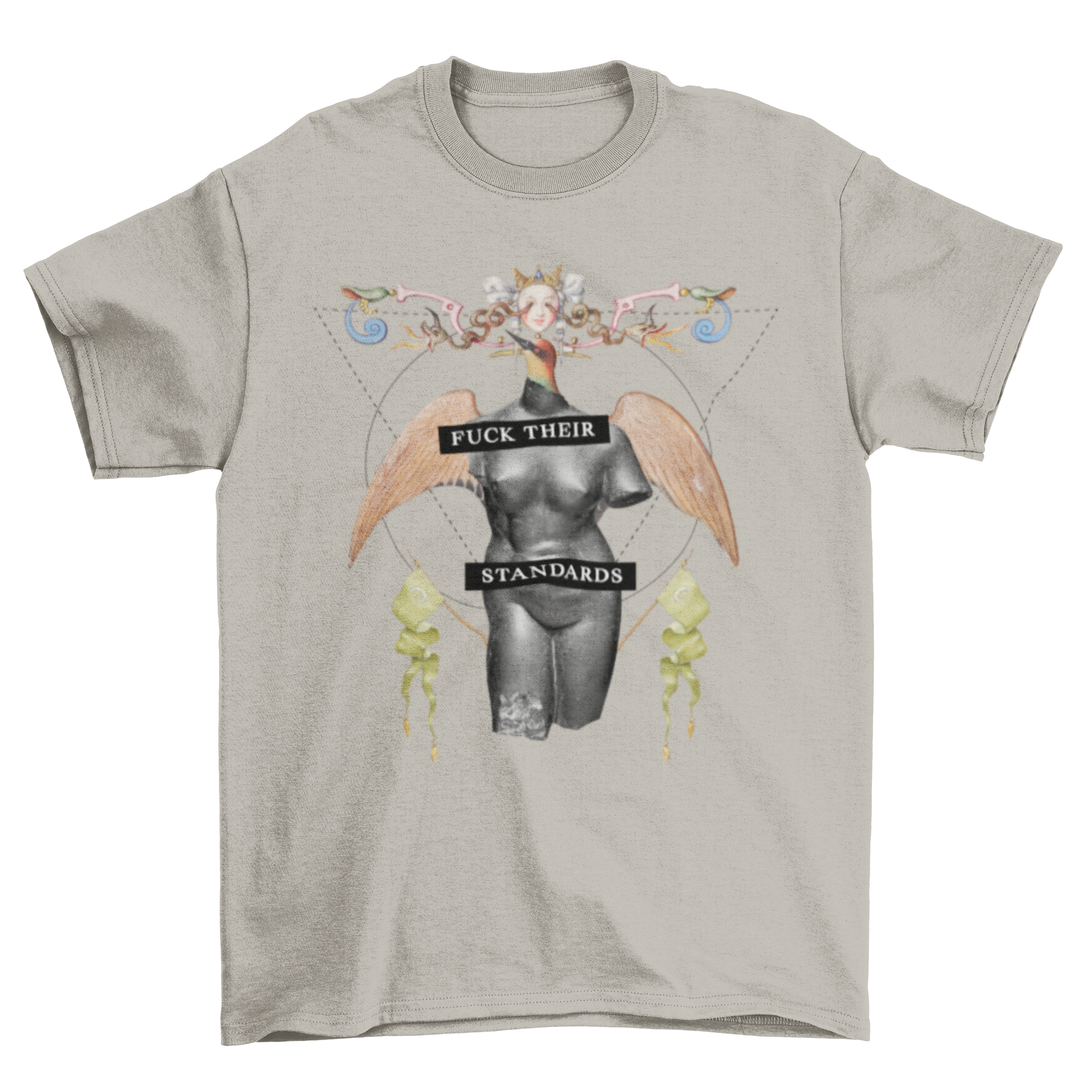 A colorful bird head statue with wings, featuring the quote 'Fuck their standards' in a bold design.