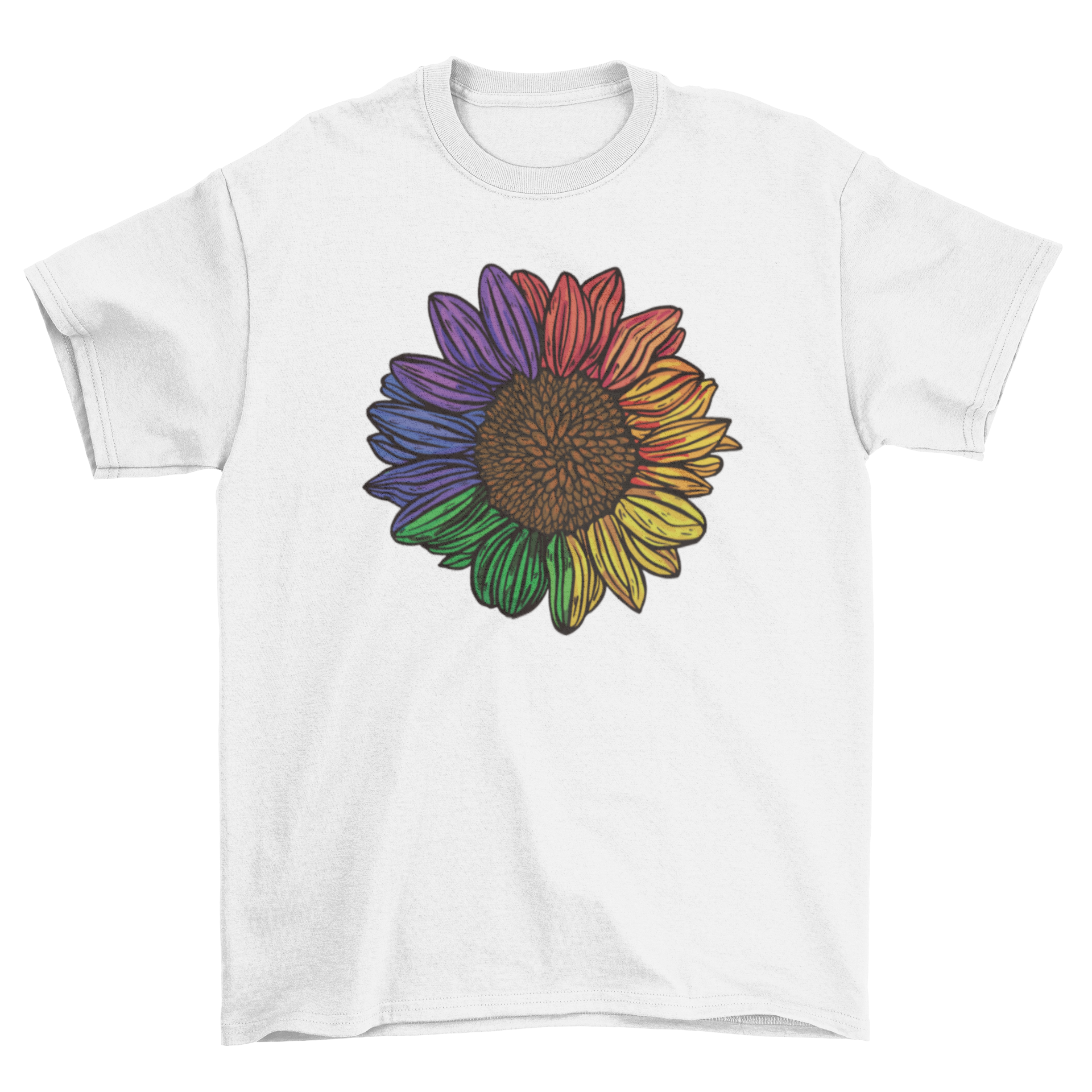 A vibrant flamingo t-shirt design featuring a colorful bird with an eye patch in chalk style, perfect for nature lovers.