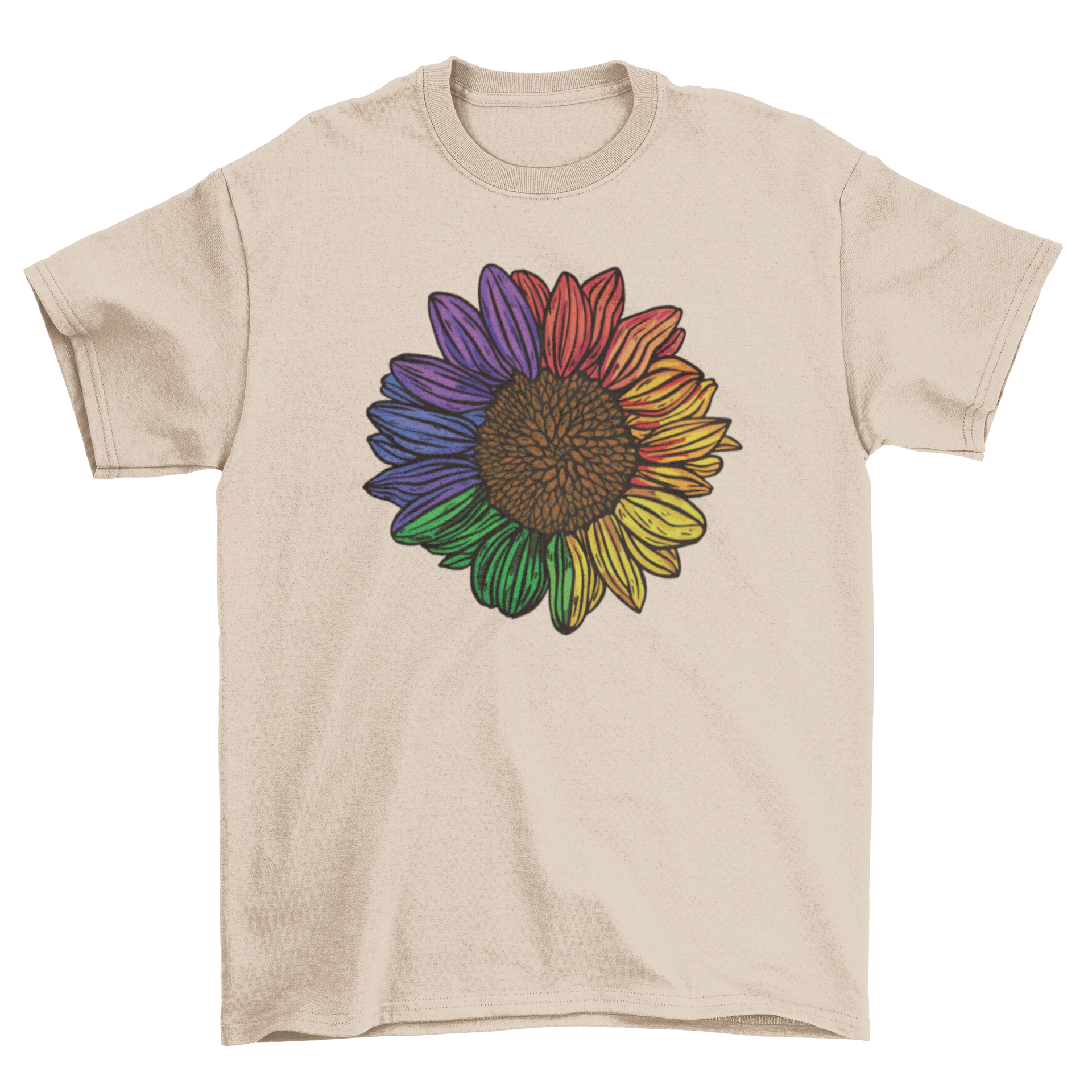 A vibrant flamingo t-shirt design featuring a colorful bird with an eye patch in chalk style, perfect for nature lovers.