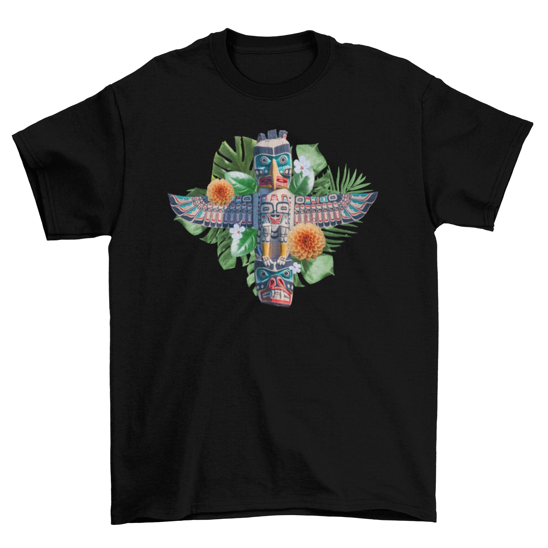 A vibrant t-shirt featuring a colorful totem design with flowers and leaves, perfect for nature lovers.