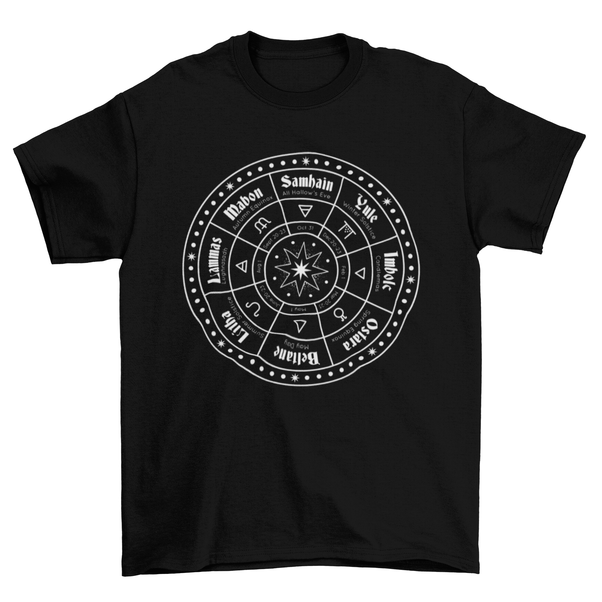 Awesome Dark Wicca Cult Pagan Calendar T-shirt featuring a unique pagan calendar design, perfect for Halloween.