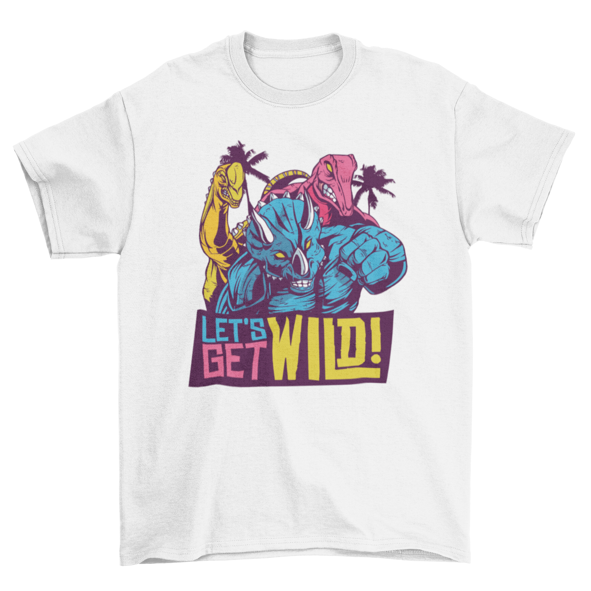 Colorful 80s style T-shirt featuring playful dinosaur cartoons and the quote 'LET'S GET WILD'.