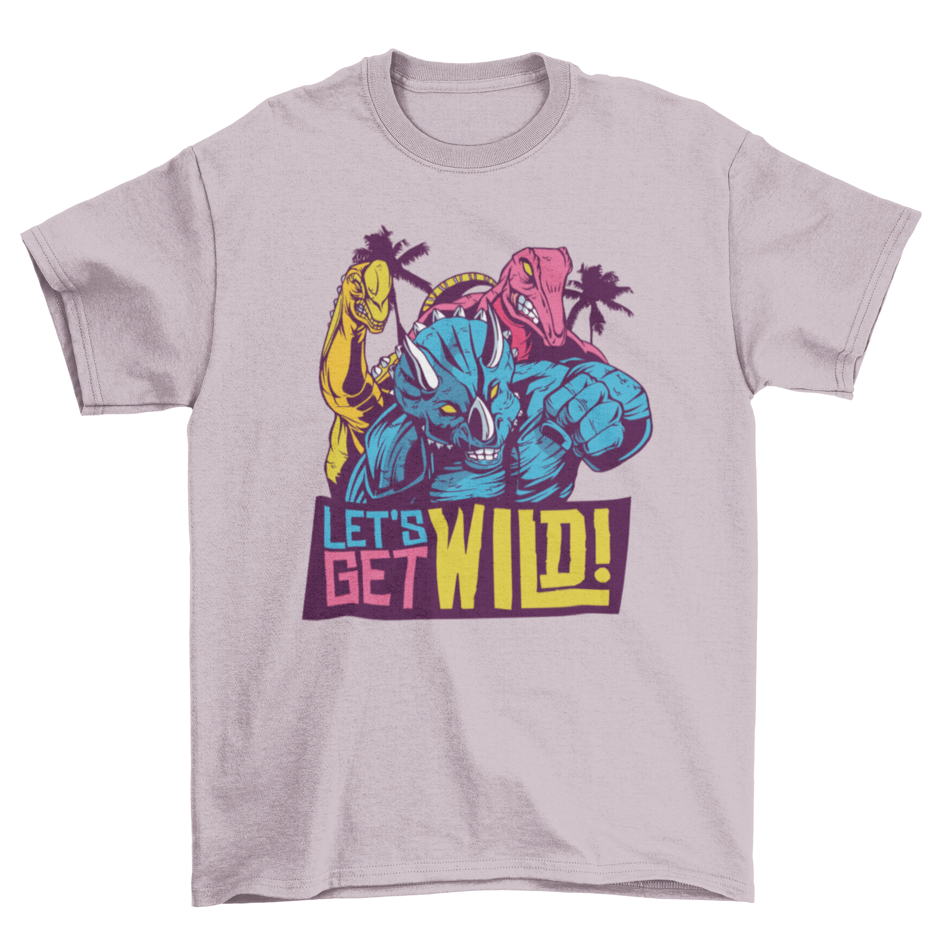 Colorful 80s style T-shirt featuring playful dinosaur cartoons and the quote 'LET'S GET WILD'.