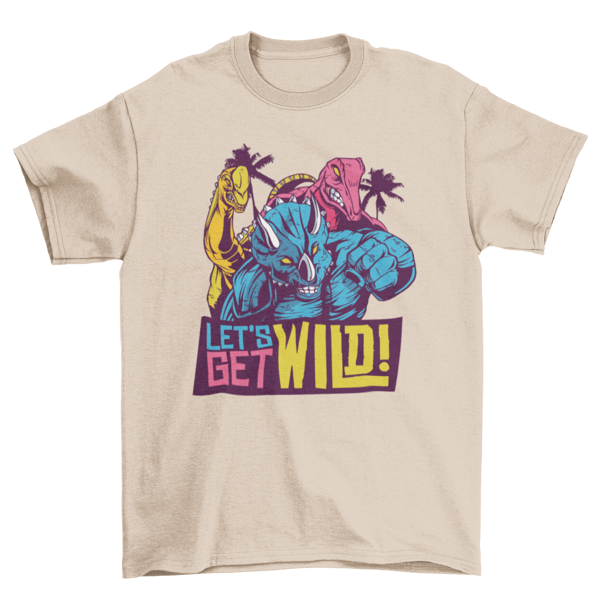 Colorful 80s style T-shirt featuring playful dinosaur cartoons and the quote 'LET'S GET WILD'.