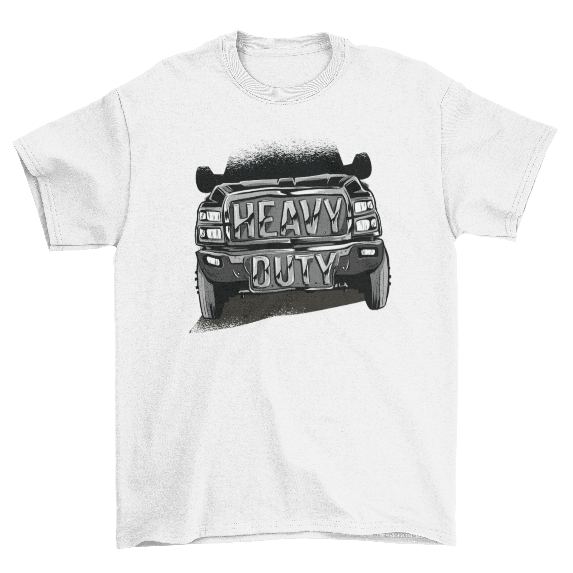 A stylish black t-shirt featuring a huge monster truck design with the phrase 'Heavy Duty', perfect for truck enthusiasts.