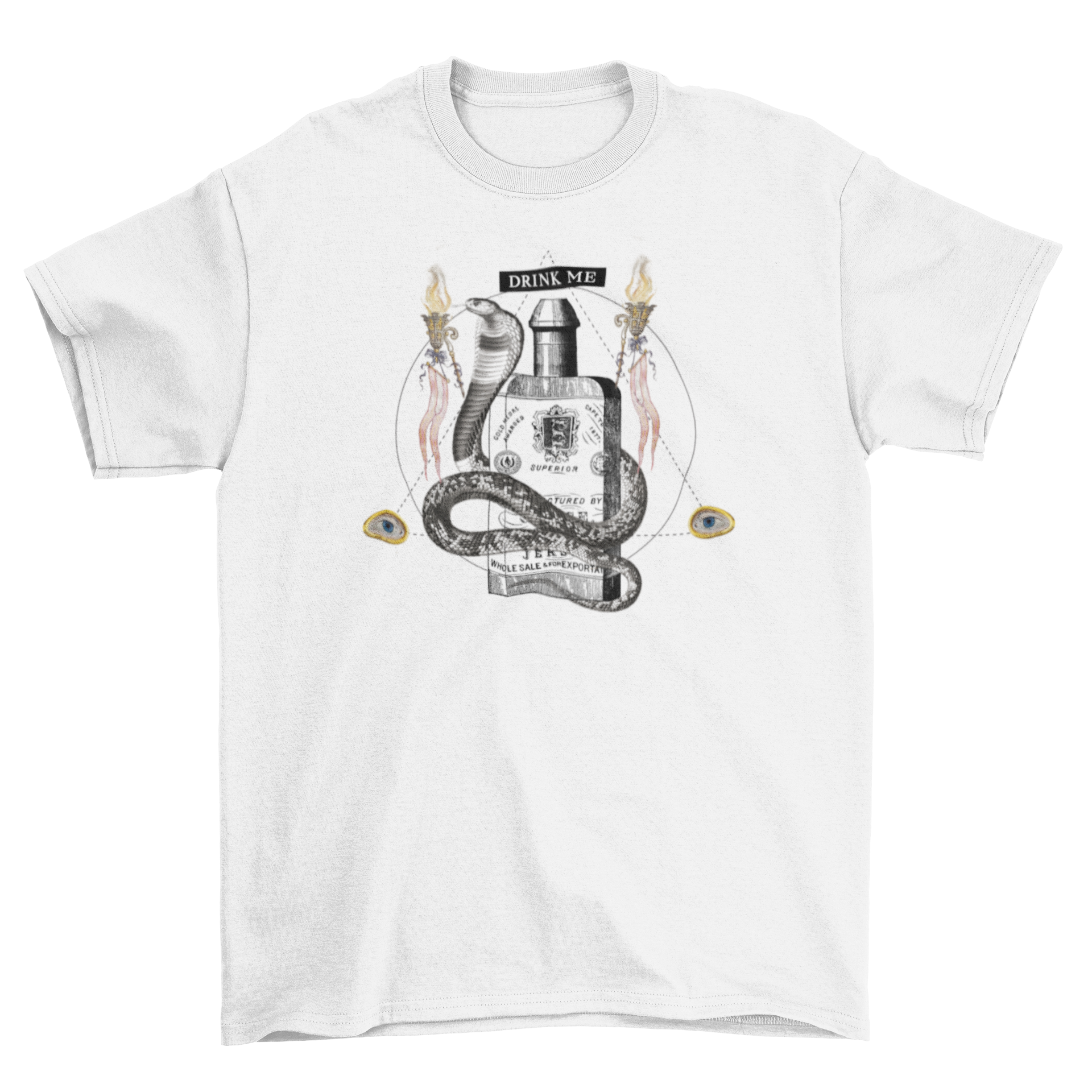 A stylish t-shirt featuring a snake wrapped around a poison bottle with the quote 'Drink me'.