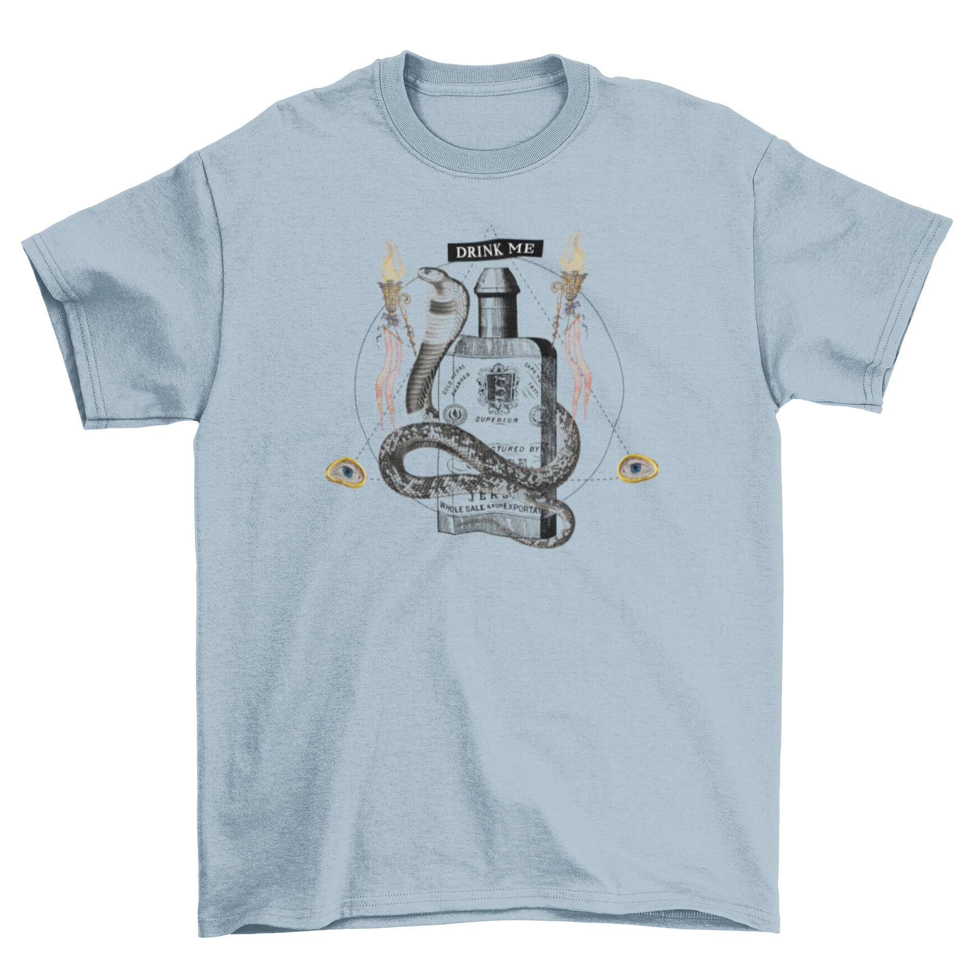A stylish t-shirt featuring a snake wrapped around a poison bottle with the quote 'Drink me'.