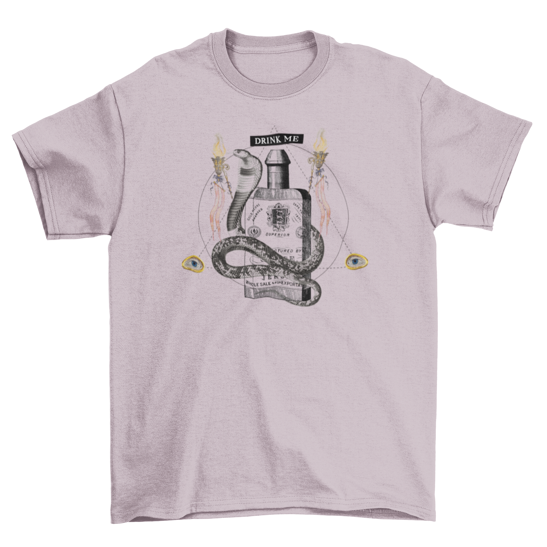 A stylish t-shirt featuring a snake wrapped around a poison bottle with the quote 'Drink me'.