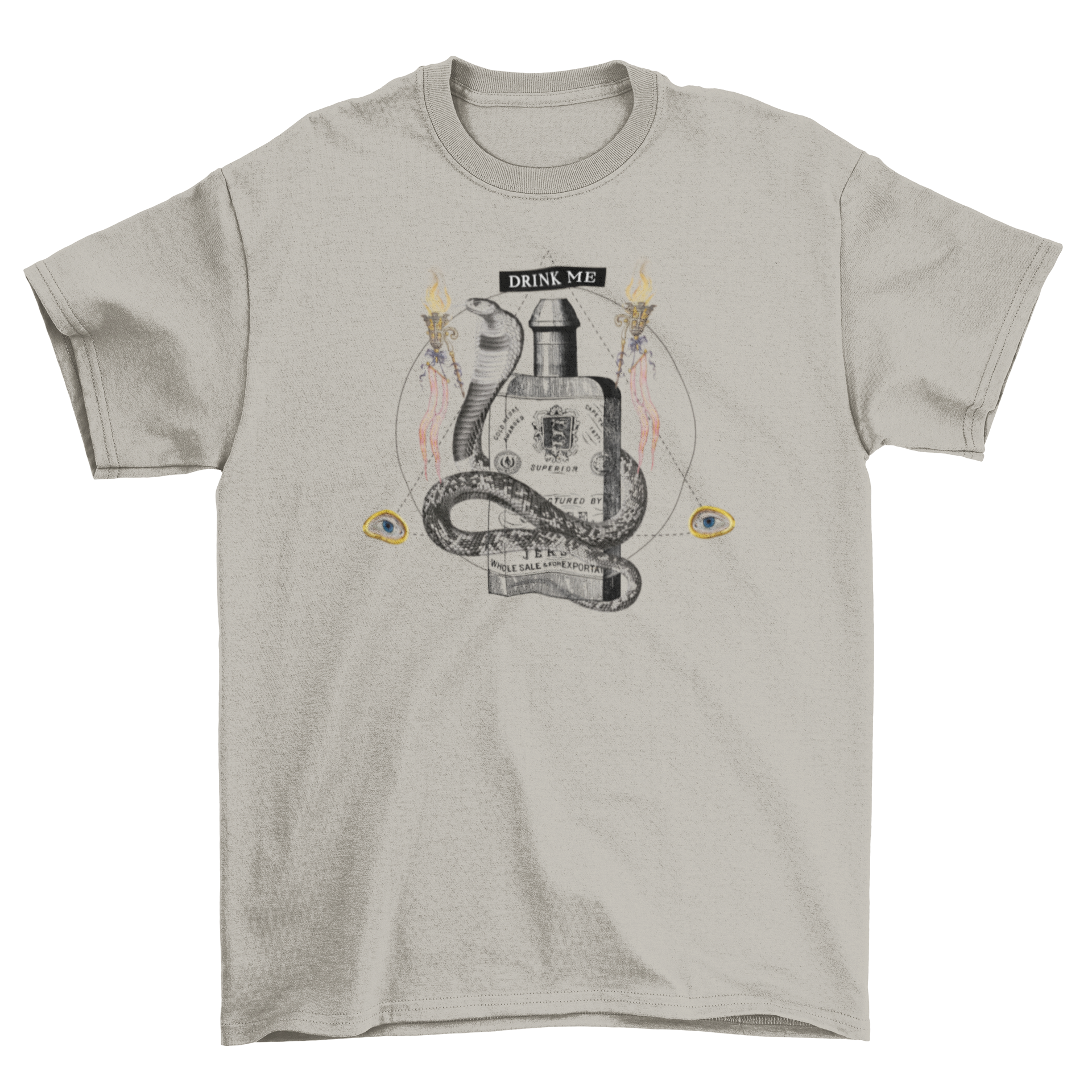 A stylish t-shirt featuring a snake wrapped around a poison bottle with the quote 'Drink me'.