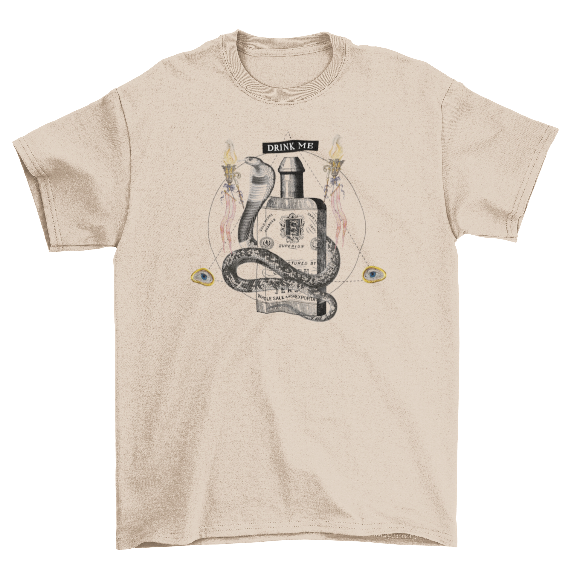 A stylish t-shirt featuring a snake wrapped around a poison bottle with the quote 'Drink me'.