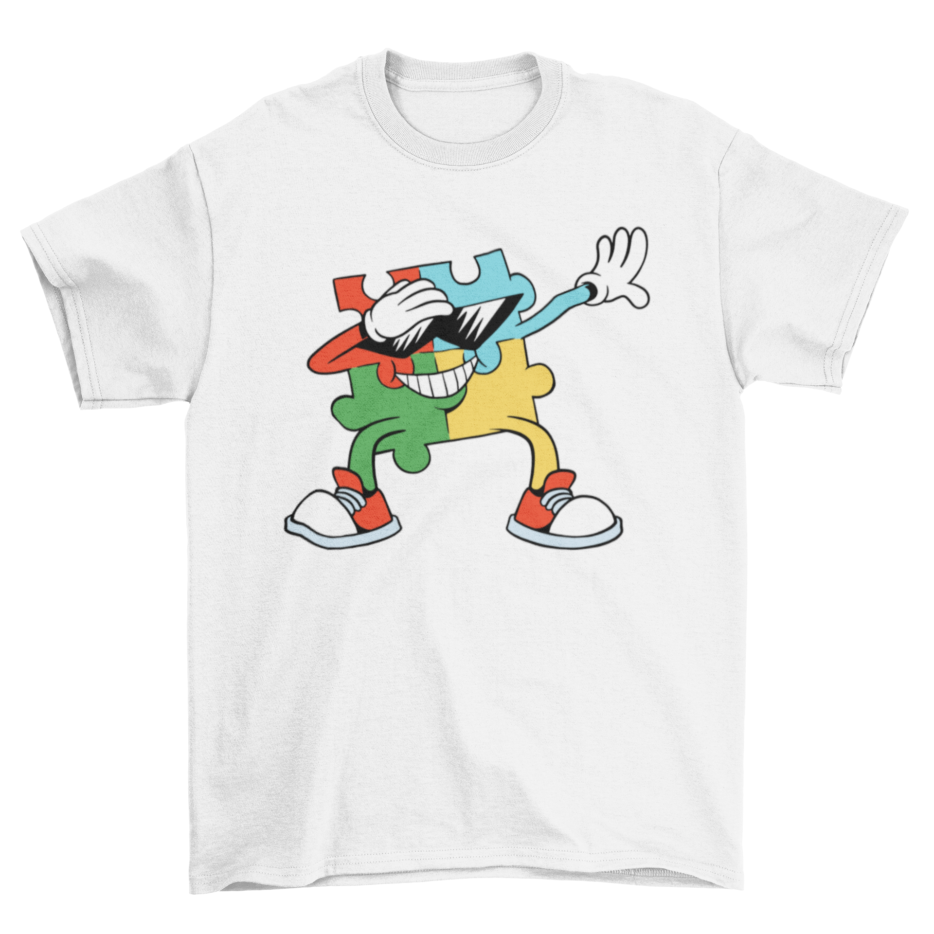 Colorful board featuring four puzzle pieces wearing sunglasses and dabbing, showcasing a fun and playful design.