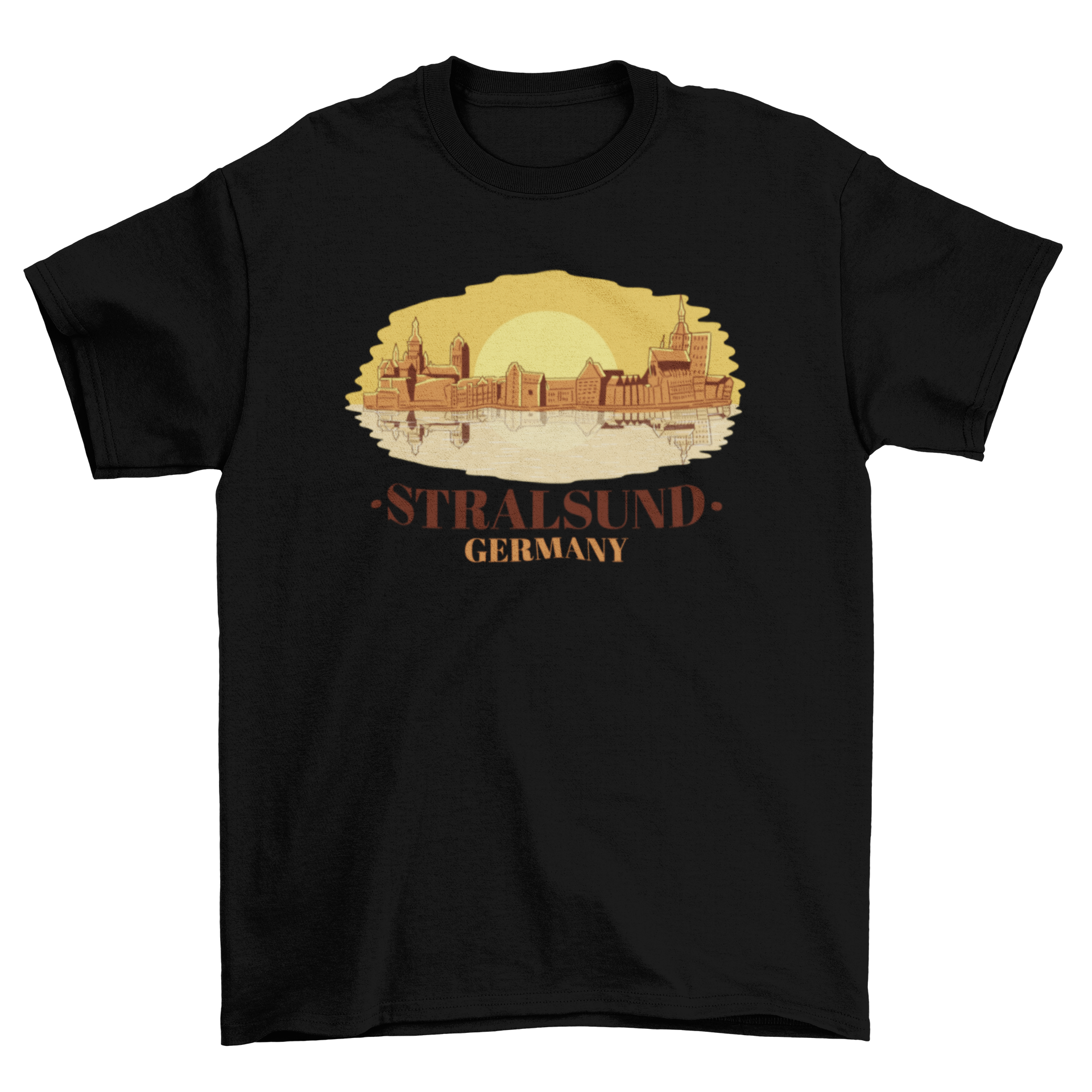 Awesome Golden Fashion Skyline t-shirt featuring a sunset design of Stralsund, Germany, showcasing vibrant golden hues.