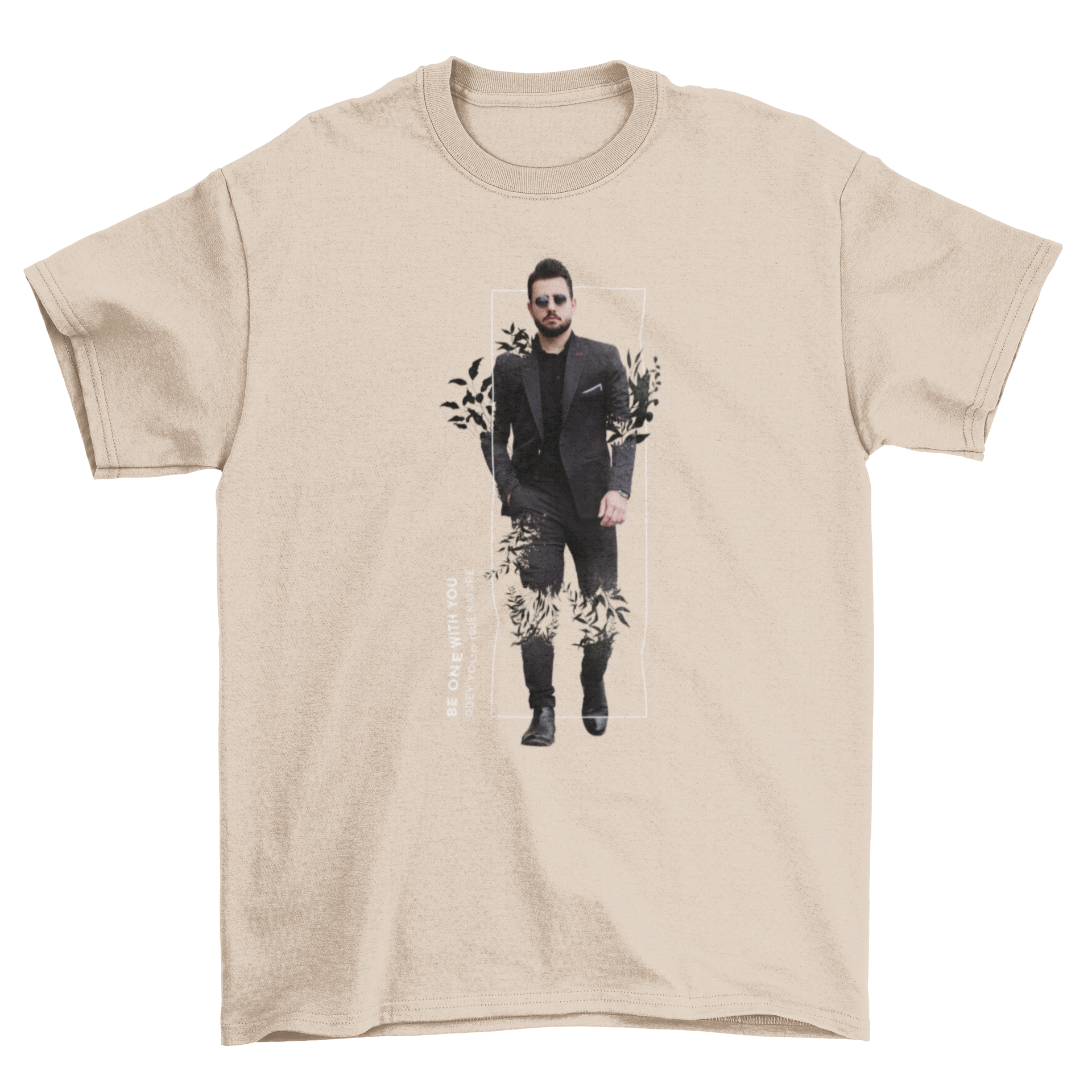 A stylish black tuxedo suit featuring a man transforming into floral leaves and plants, showcasing a unique and artistic design.