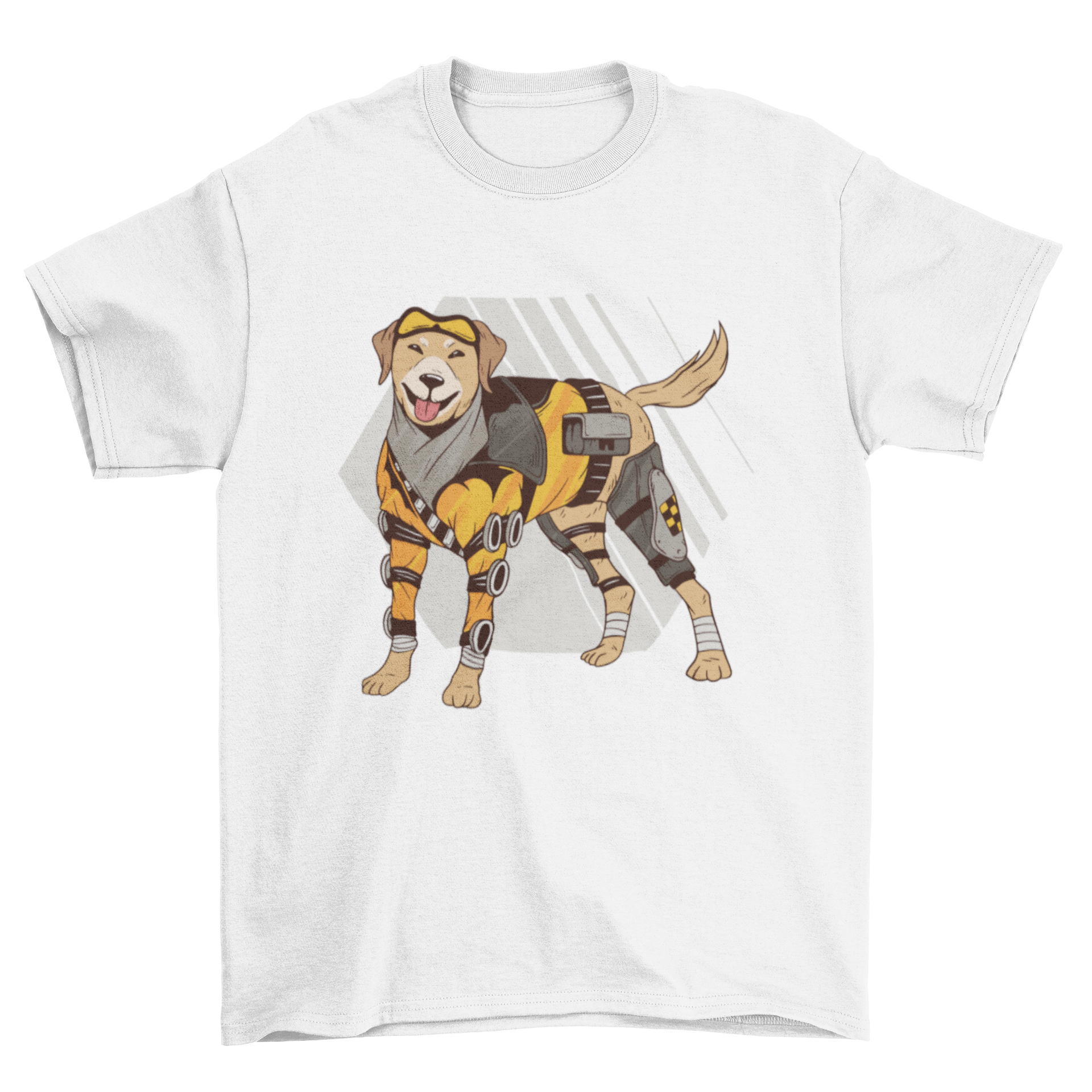 A stylish T-shirt featuring a unique design of a dog with mechanical parts, showcasing a blend of fashion and creativity.