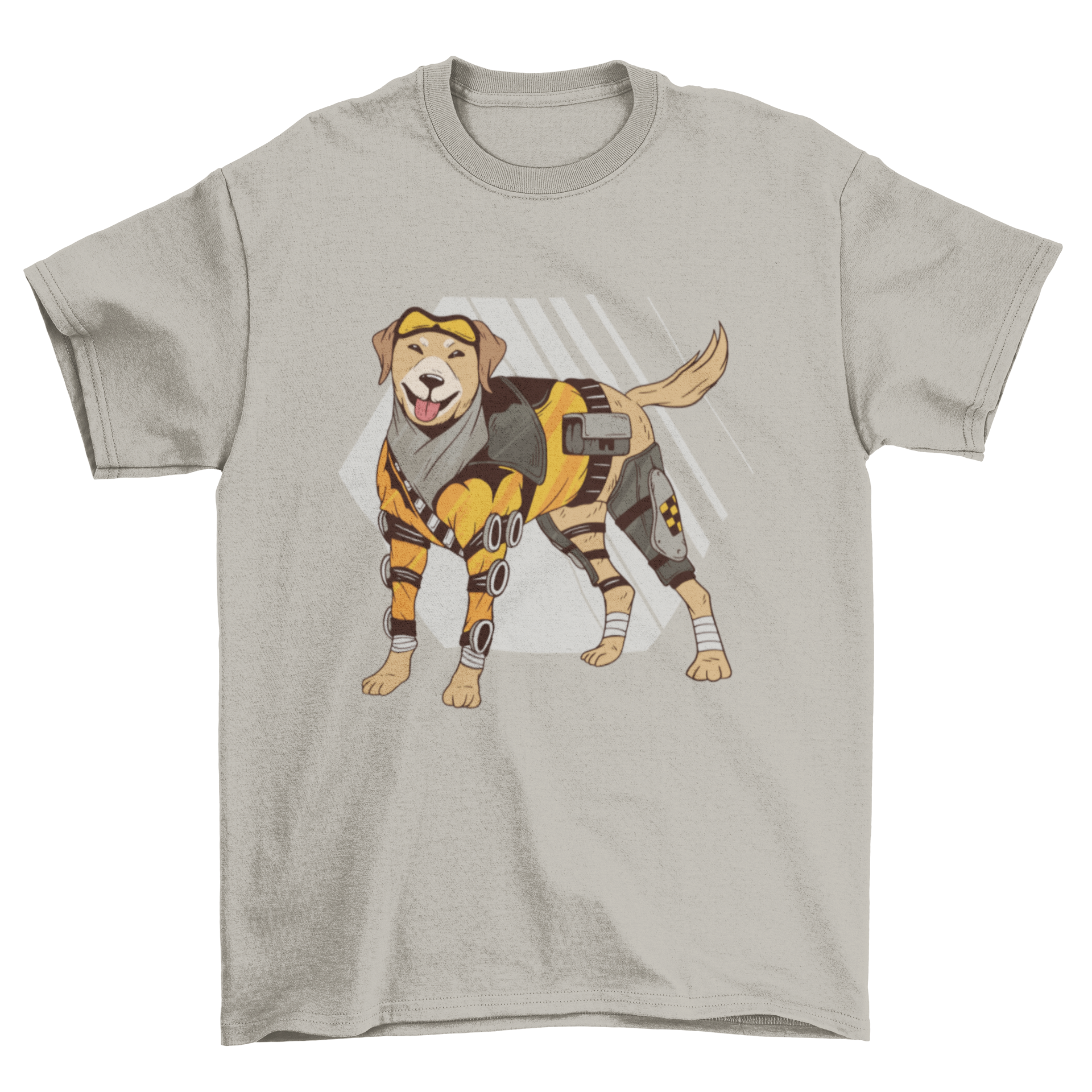 A stylish T-shirt featuring a unique design of a dog with mechanical parts, showcasing a blend of fashion and creativity.