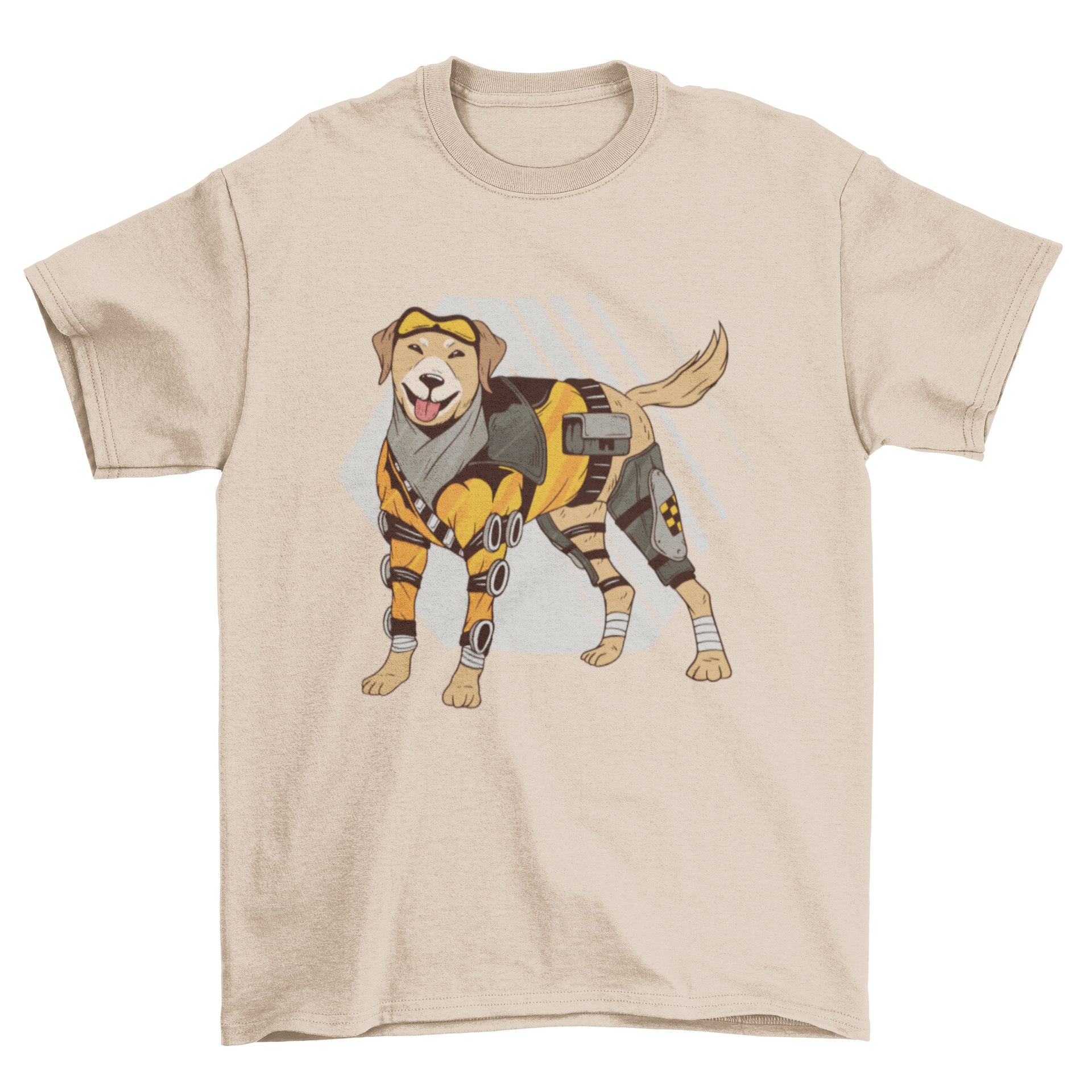 A stylish T-shirt featuring a unique design of a dog with mechanical parts, showcasing a blend of fashion and creativity.