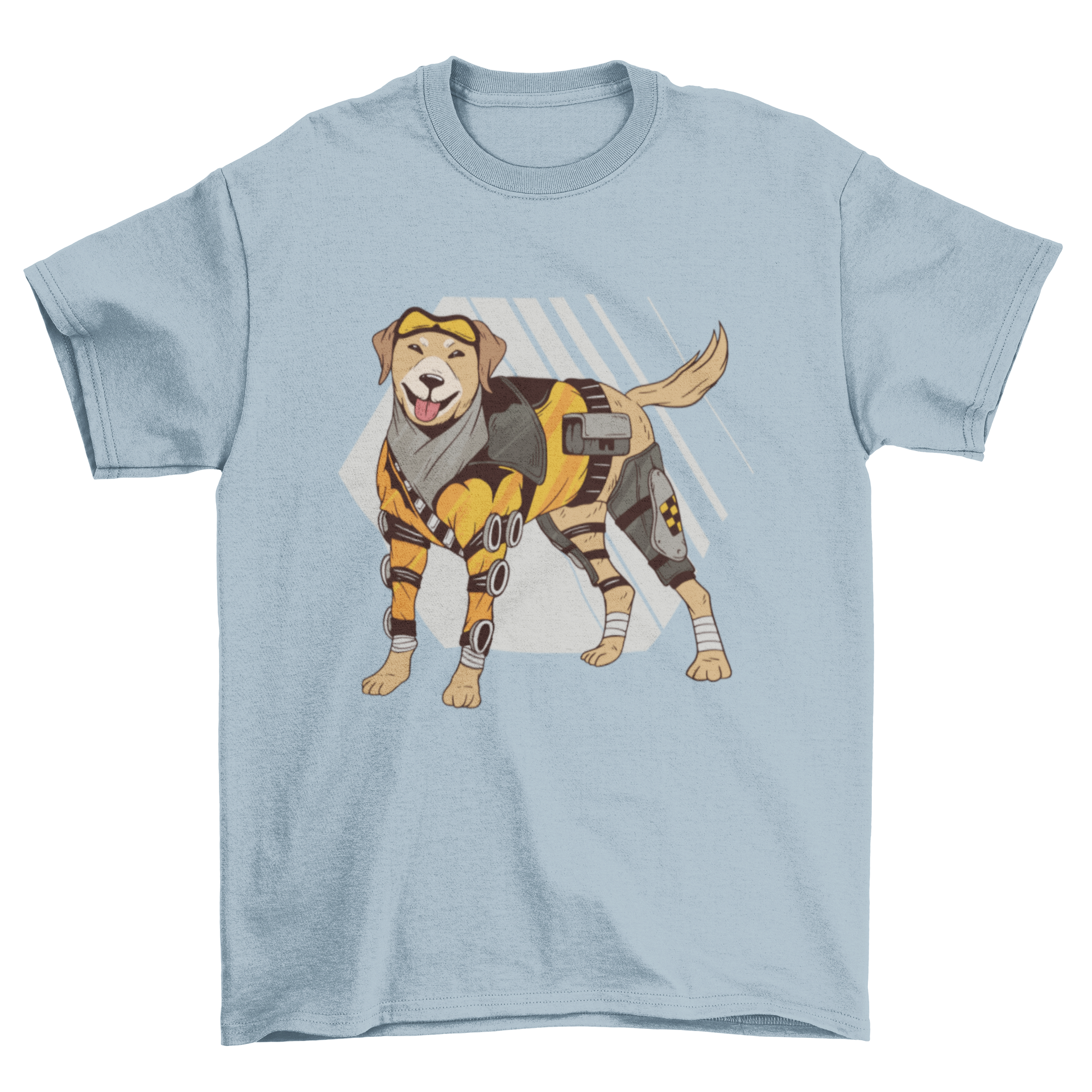 A stylish T-shirt featuring a unique design of a dog with mechanical parts, showcasing a blend of fashion and creativity.